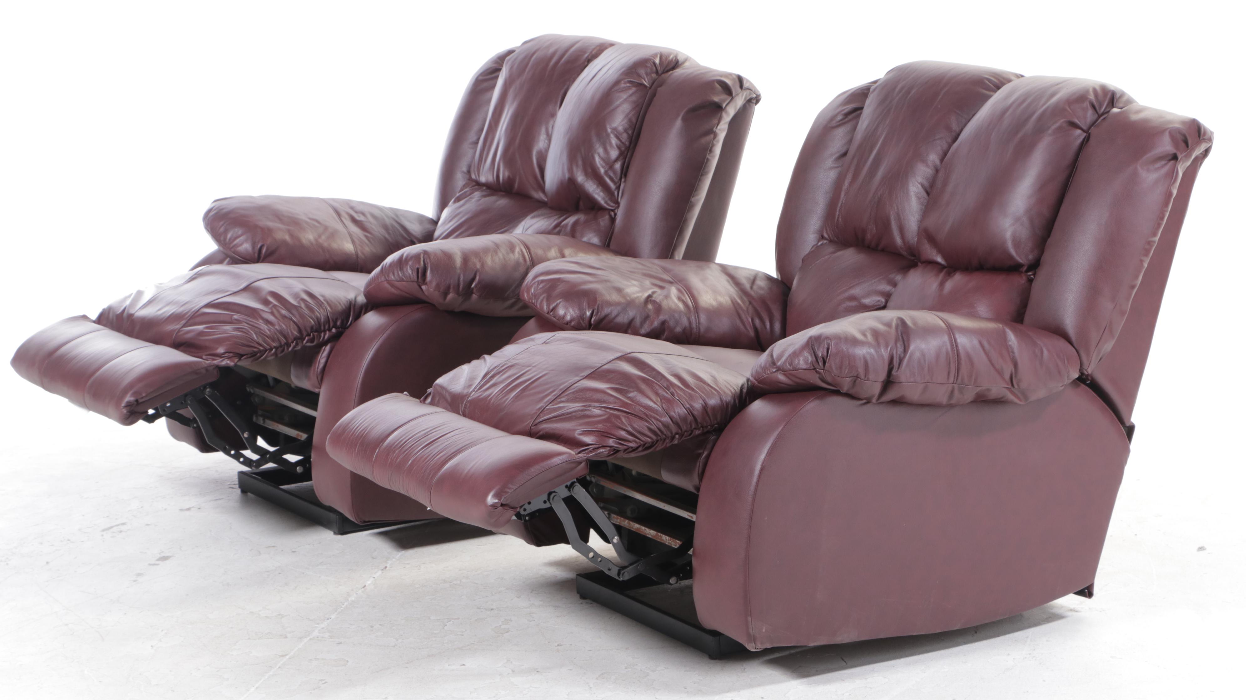 Pair of Burgundy Vinyl Upholstered Overstuffed Armchairs