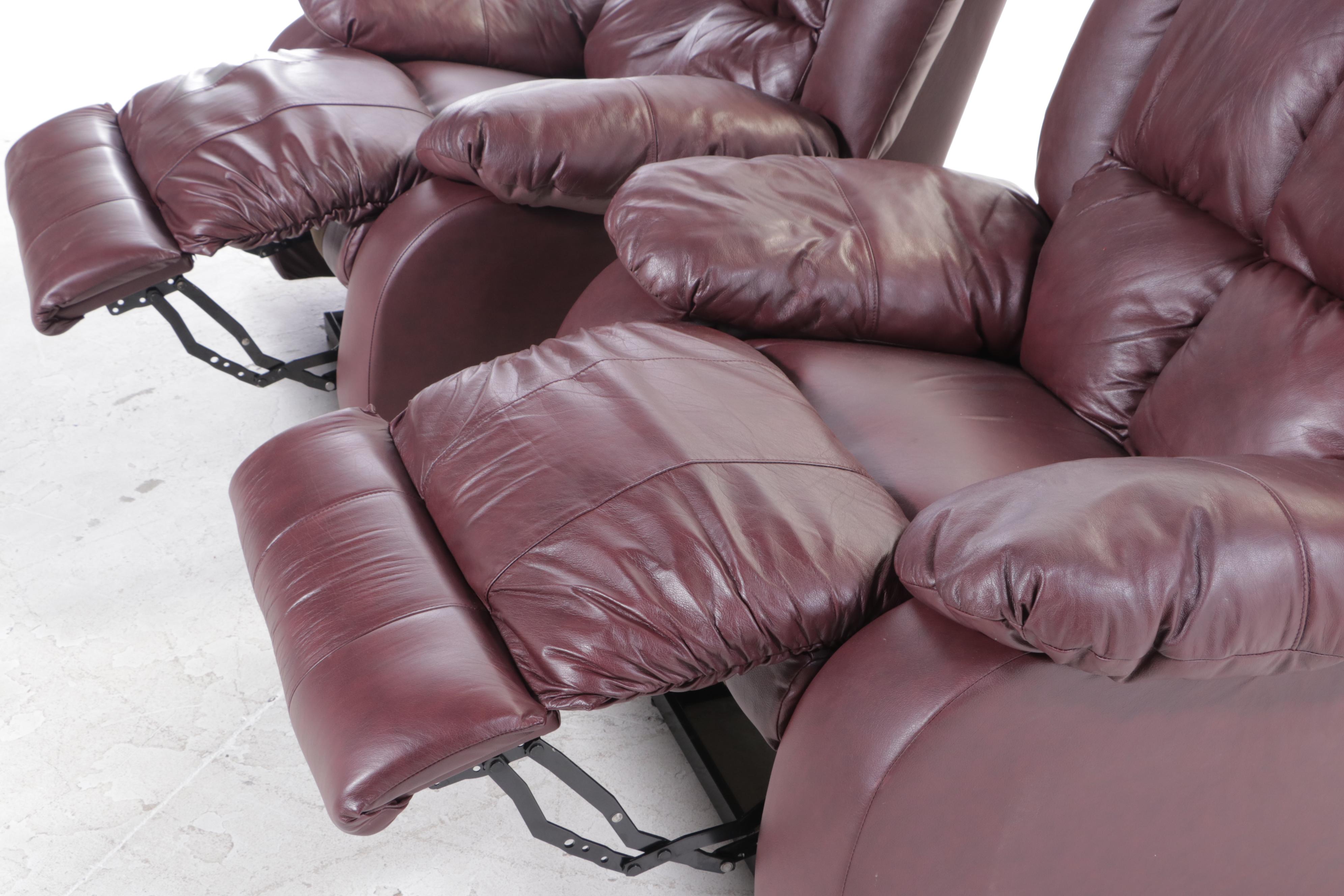 Pair of Burgundy Vinyl Upholstered Overstuffed Armchairs