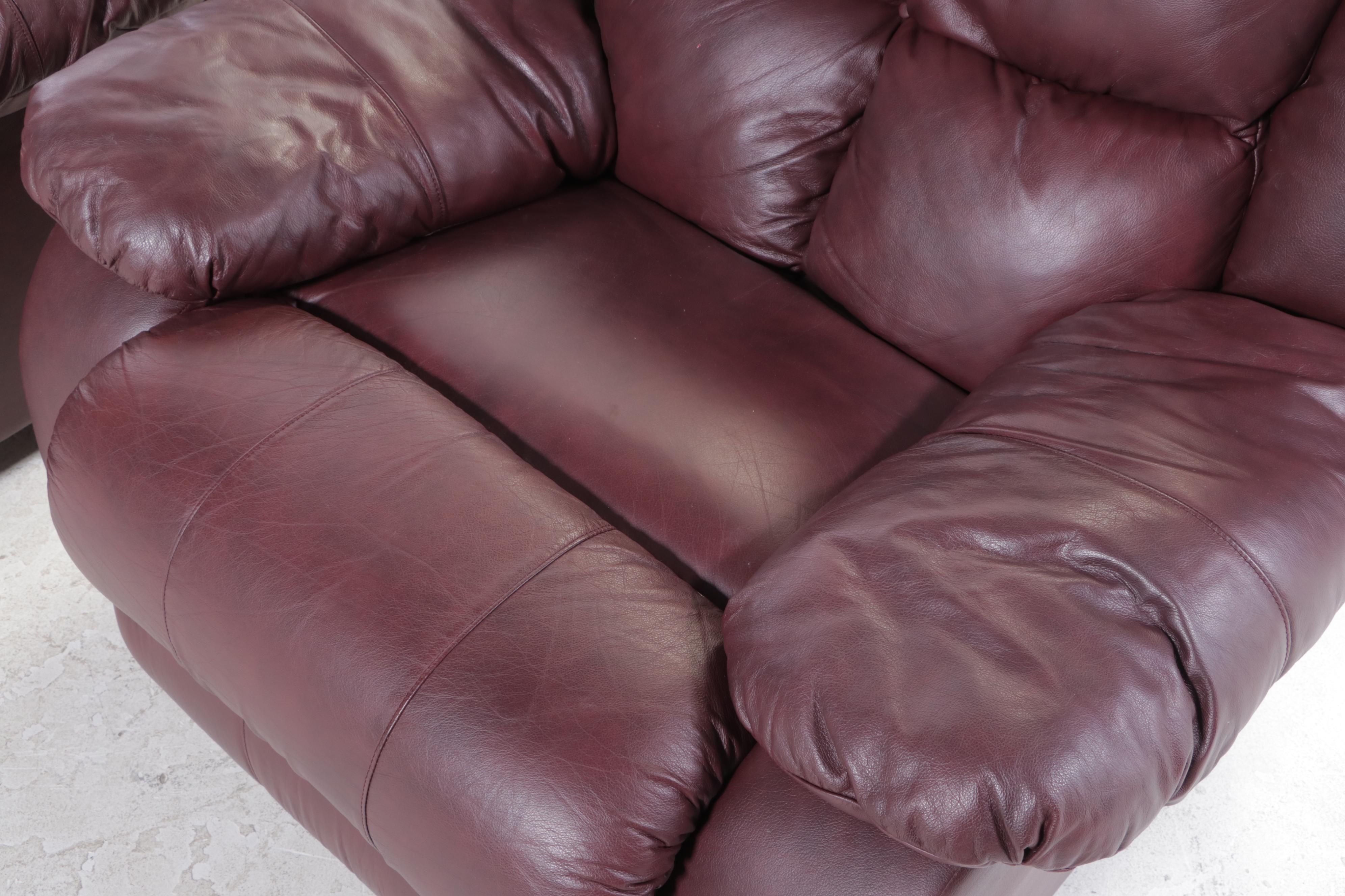 Pair of Burgundy Vinyl Upholstered Overstuffed Armchairs