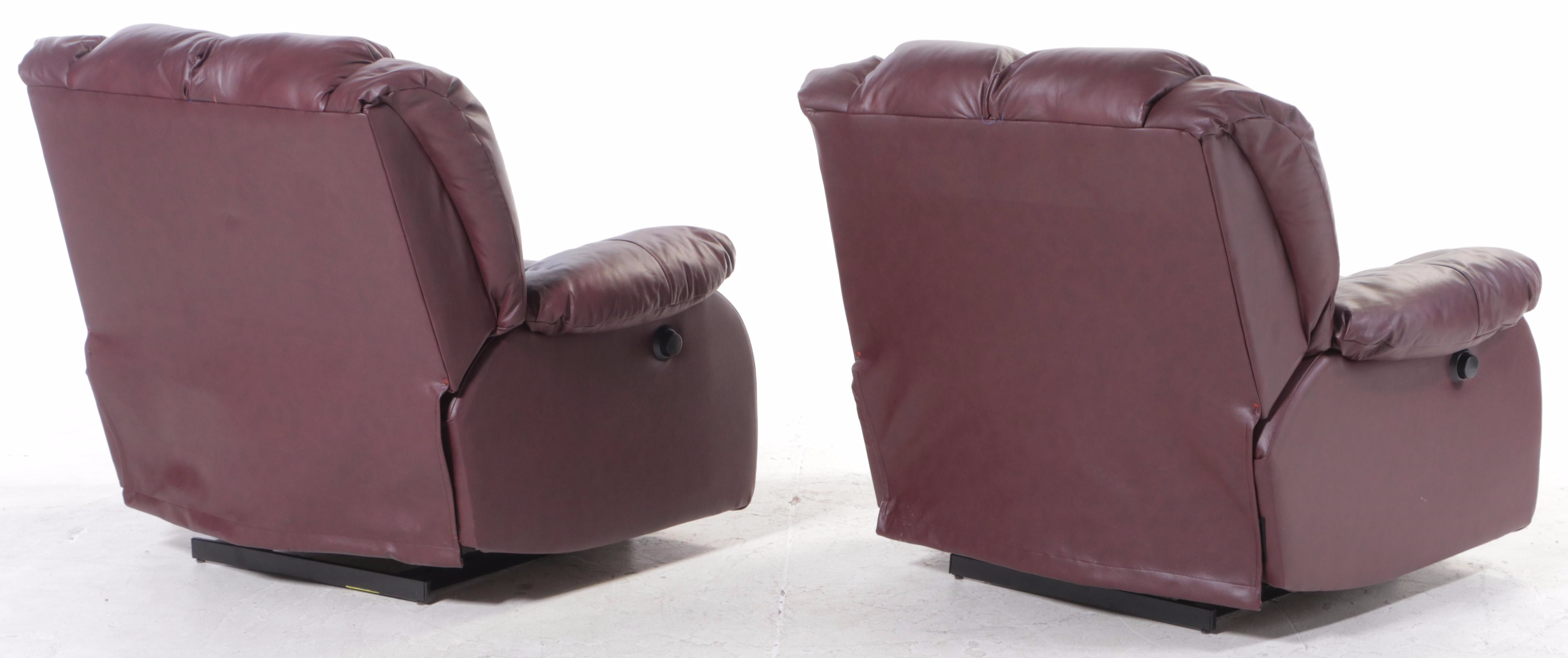 Pair of Burgundy Vinyl Upholstered Overstuffed Armchairs