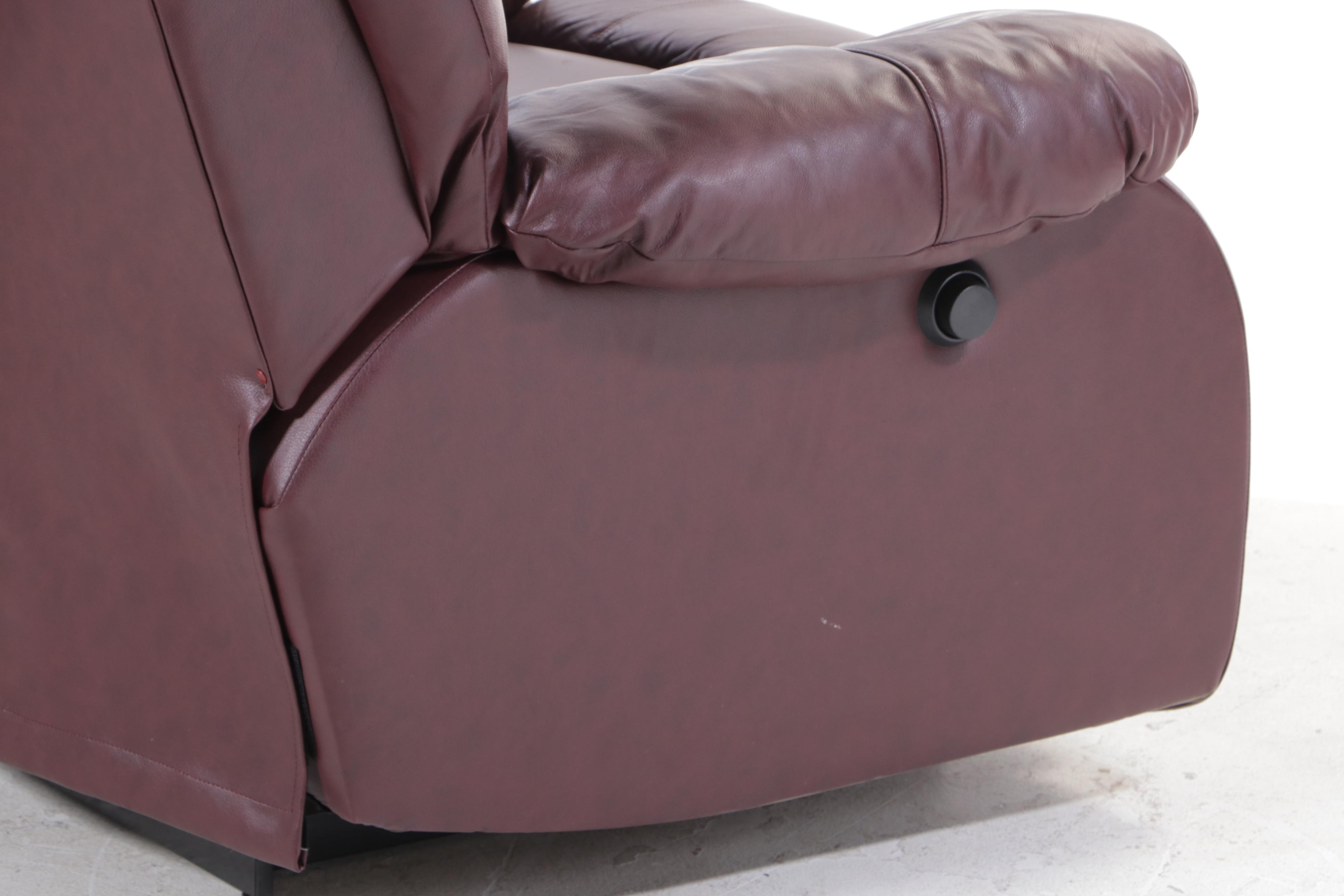 Pair of Burgundy Vinyl Upholstered Overstuffed Armchairs