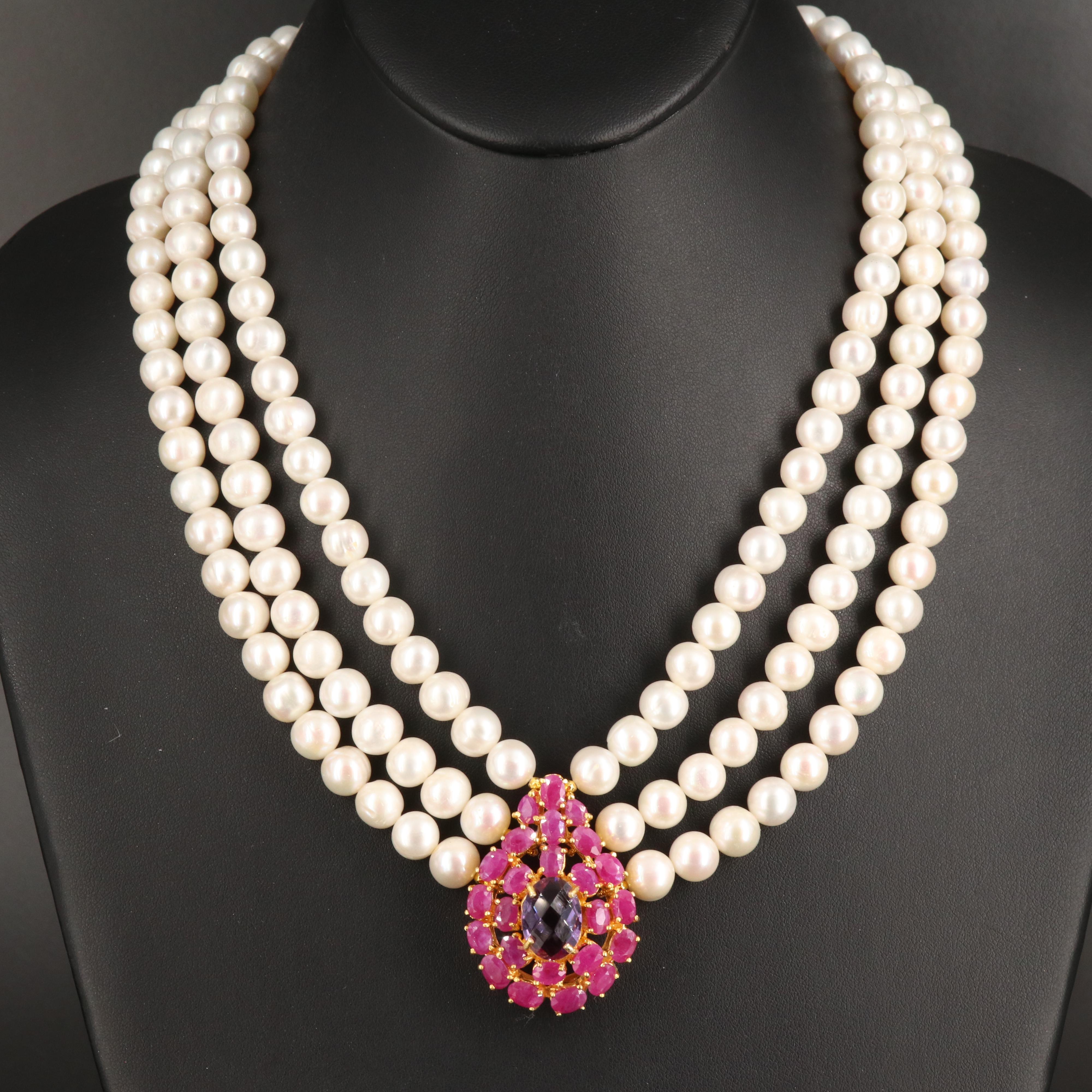 Sterling Amethyst, Ruby and Pearl Necklace