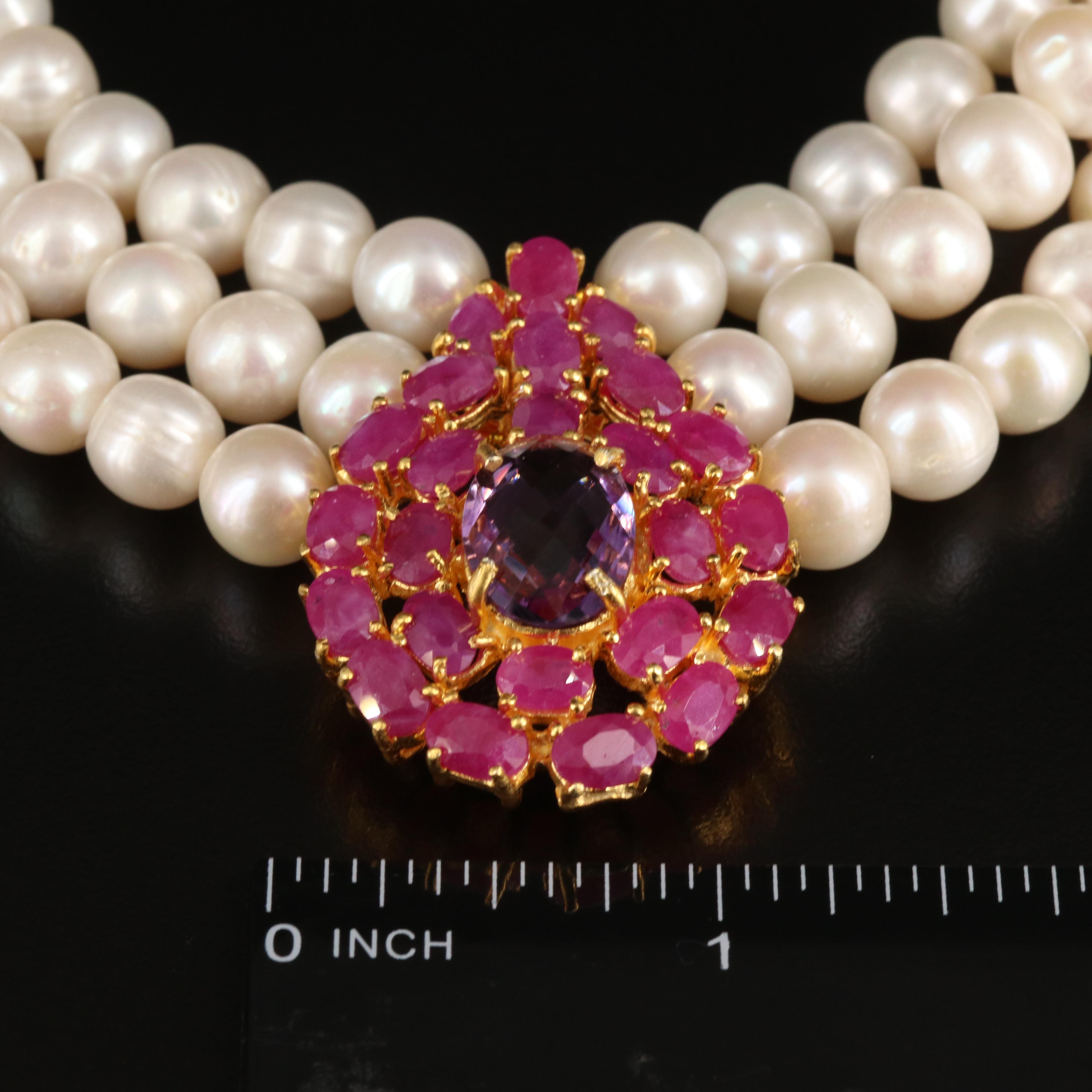 Sterling Amethyst, Ruby and Pearl Necklace