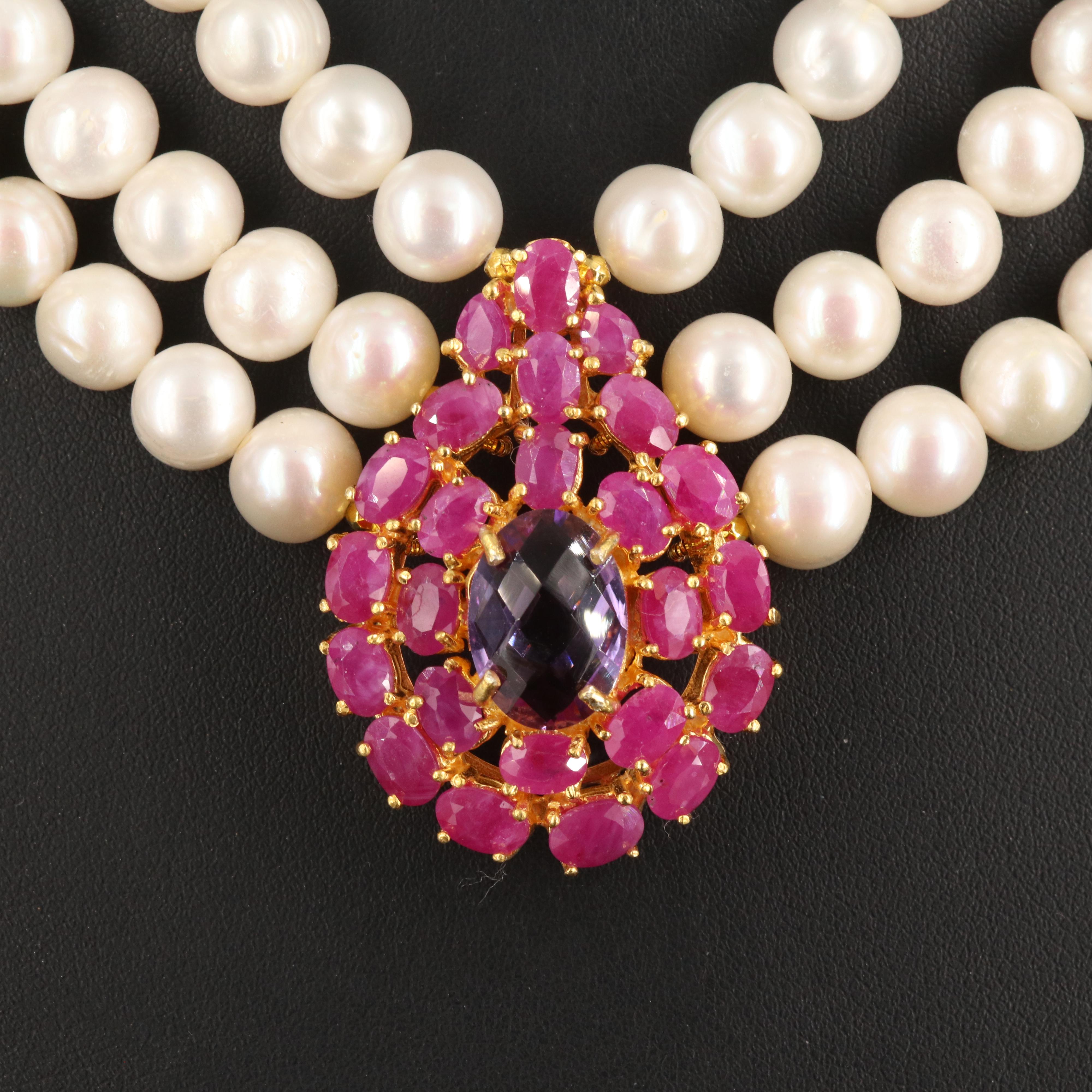 Sterling Amethyst, Ruby and Pearl Necklace