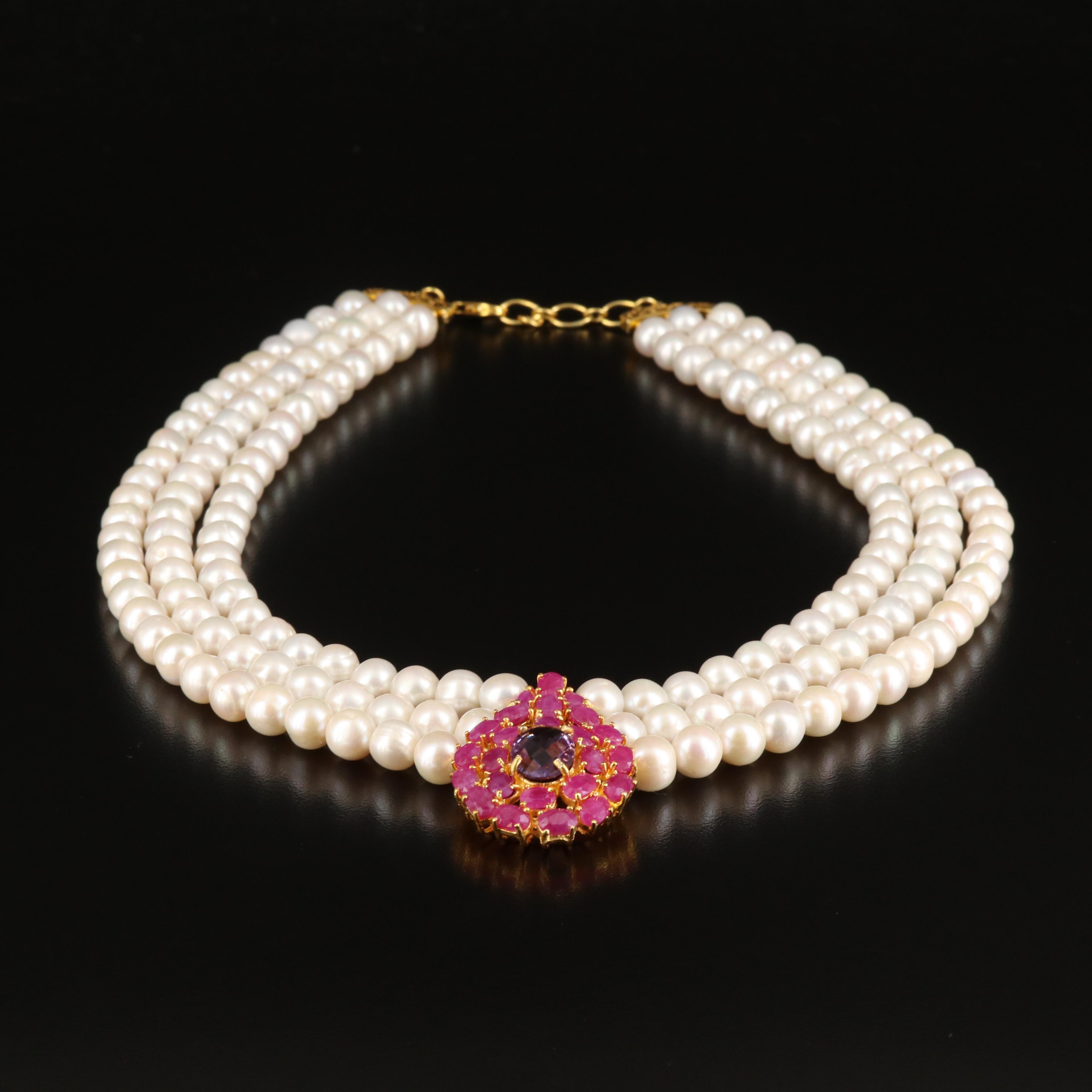 Sterling Amethyst, Ruby and Pearl Necklace