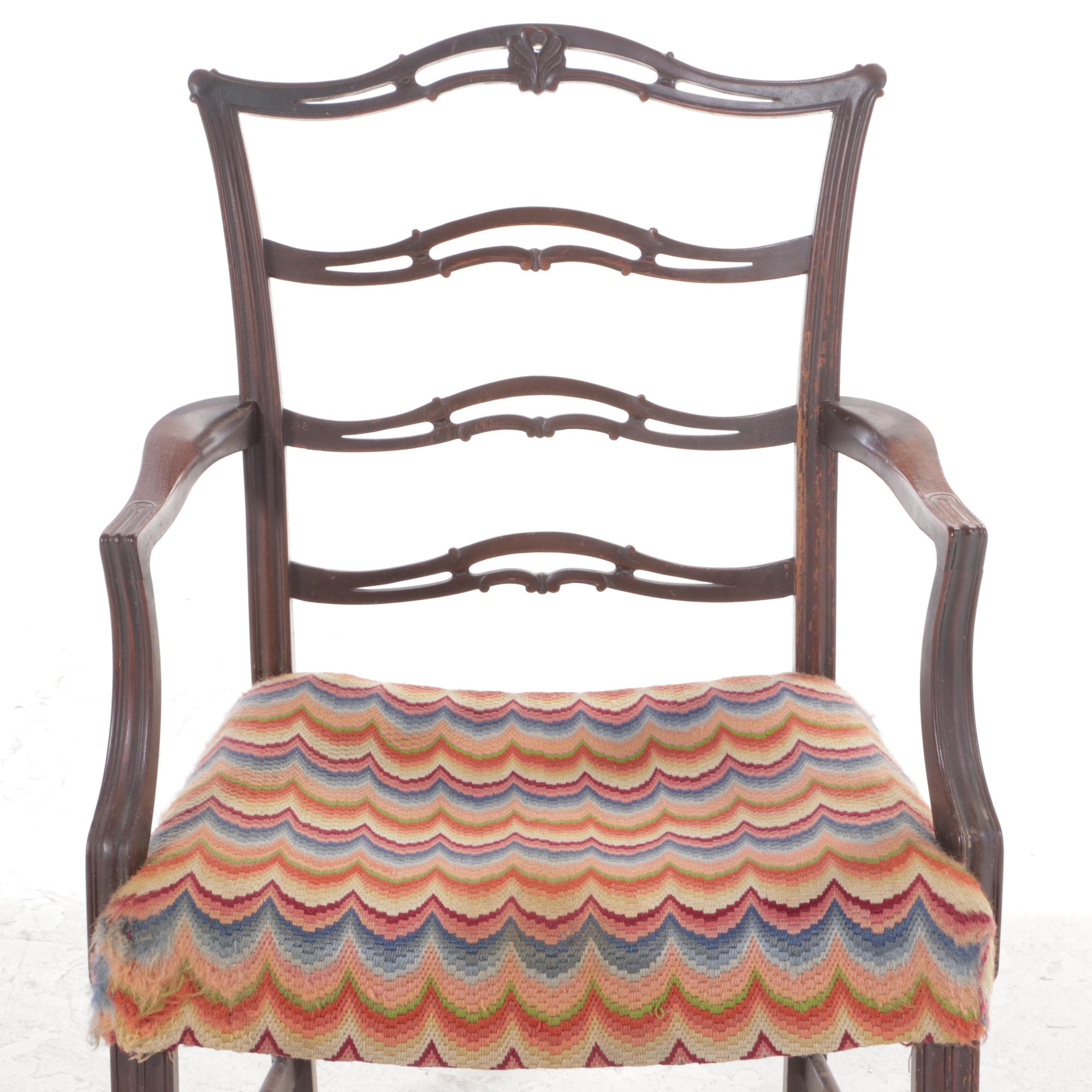 Chippendale Style Mahogany and Flame-Stitched Upholstered Armchair