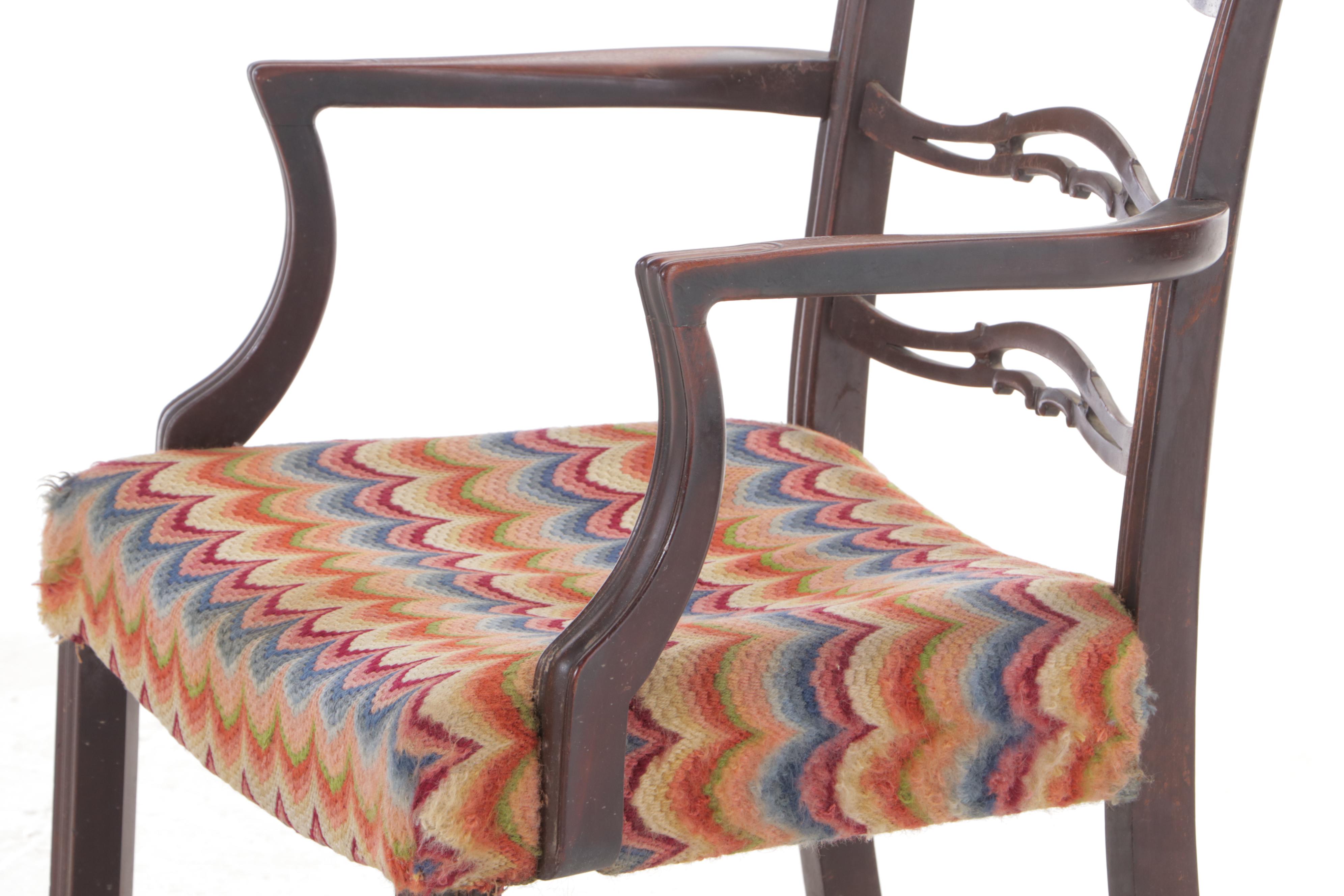 Chippendale Style Mahogany and Flame-Stitched Upholstered Armchair