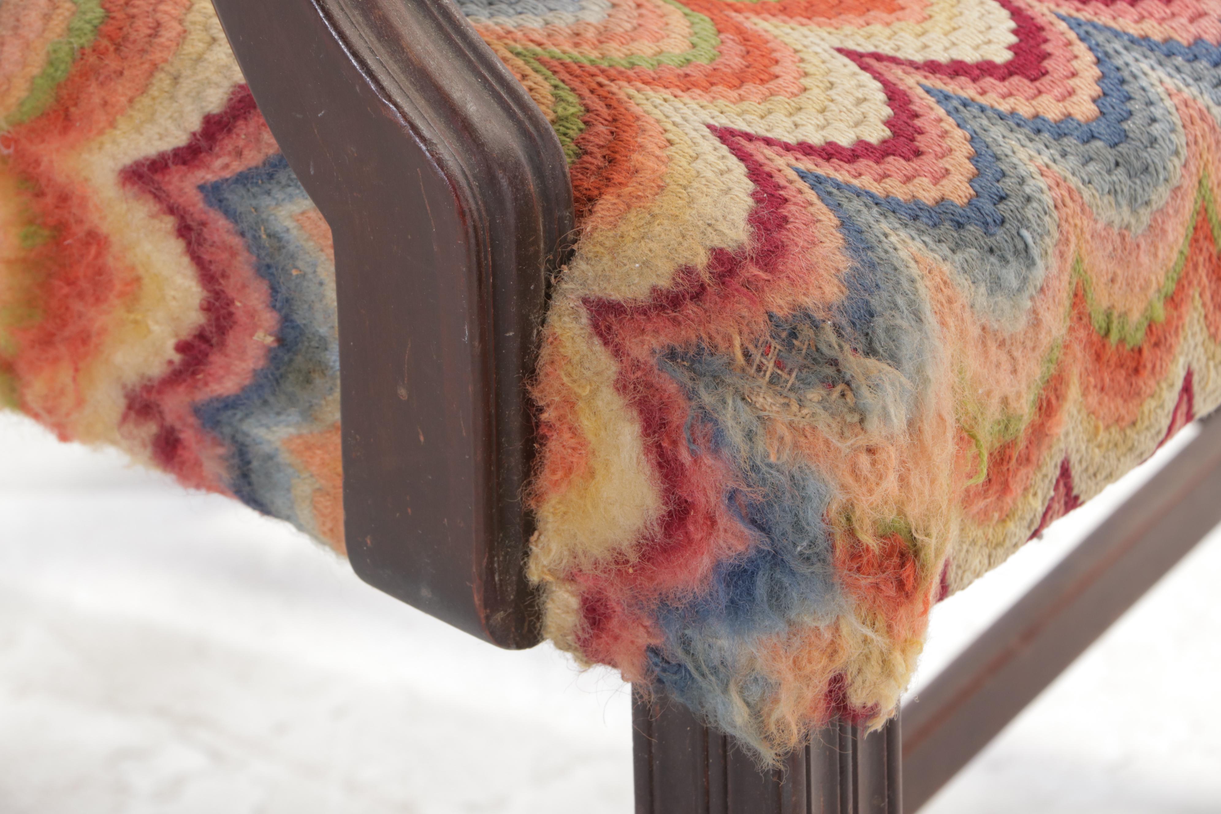 Chippendale Style Mahogany and Flame-Stitched Upholstered Armchair