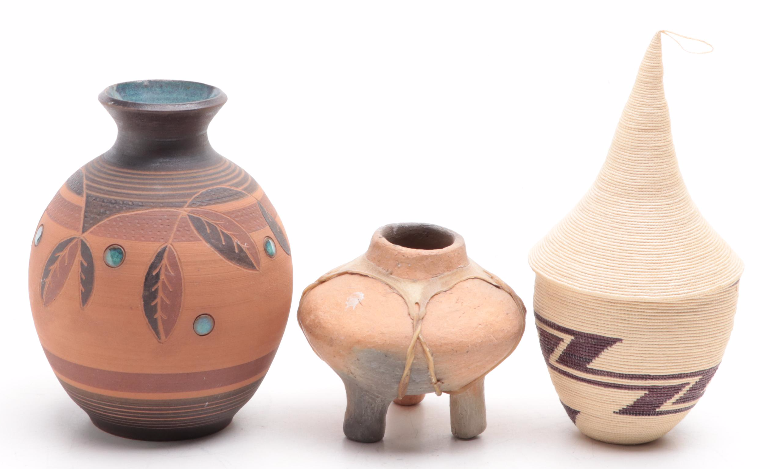 American Southwest and Mexican Art Pottery Vases, Vessel, Rwandan Basket