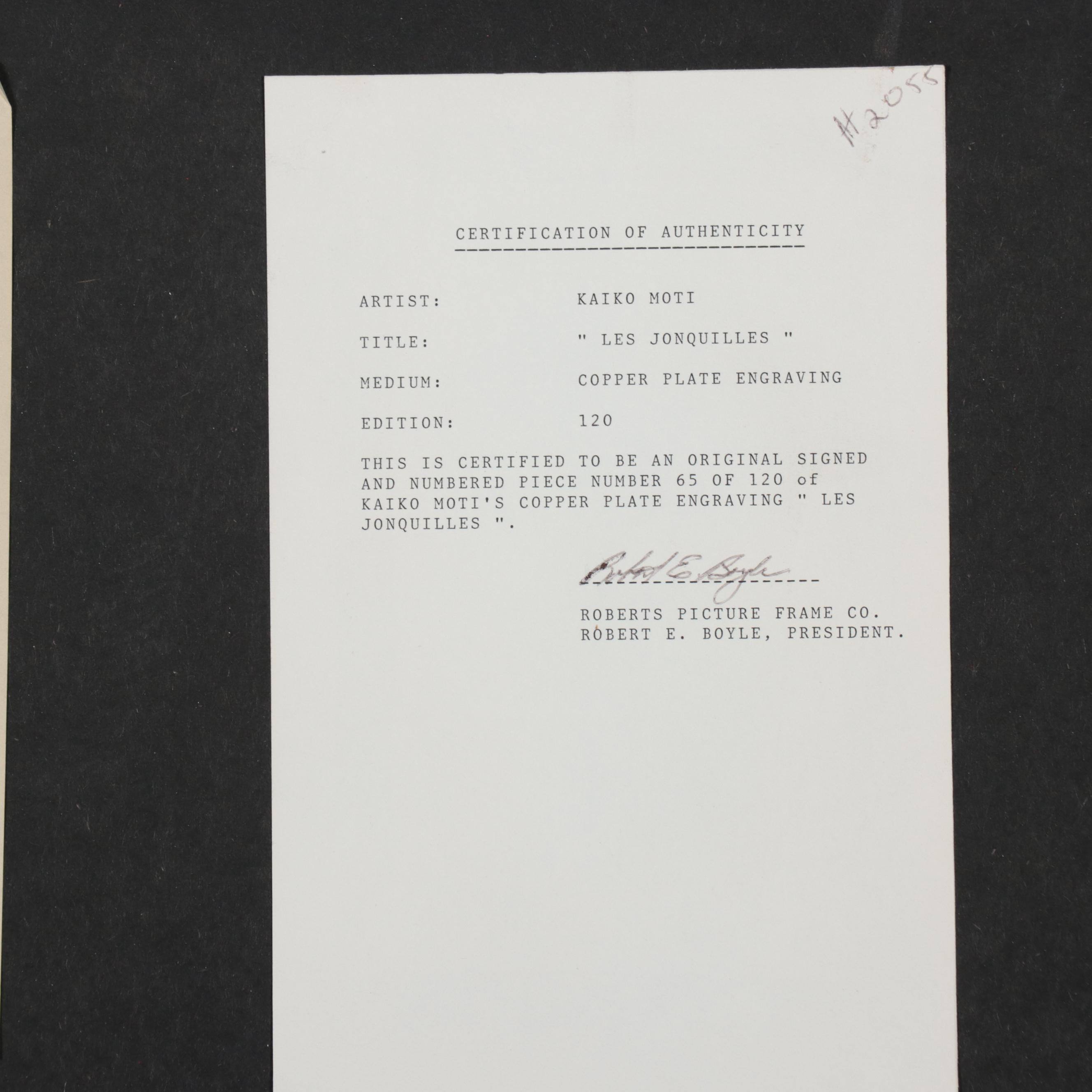 Kaiko Moti Floral Still Life Engraving "Les Jonquilles," Circa 1970