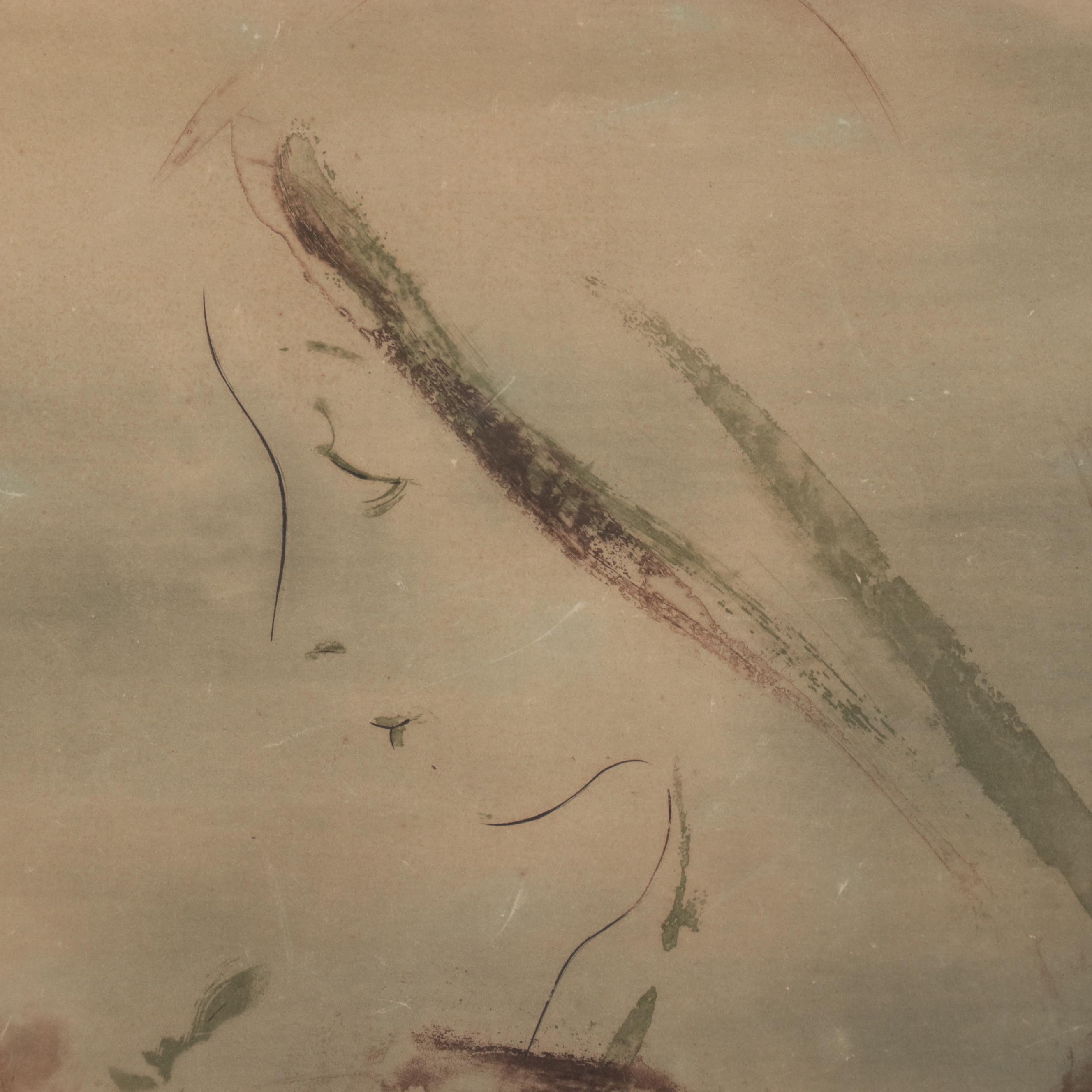 Kaiko Moti Engraving of Woman Holding a Rose, Circa 1970