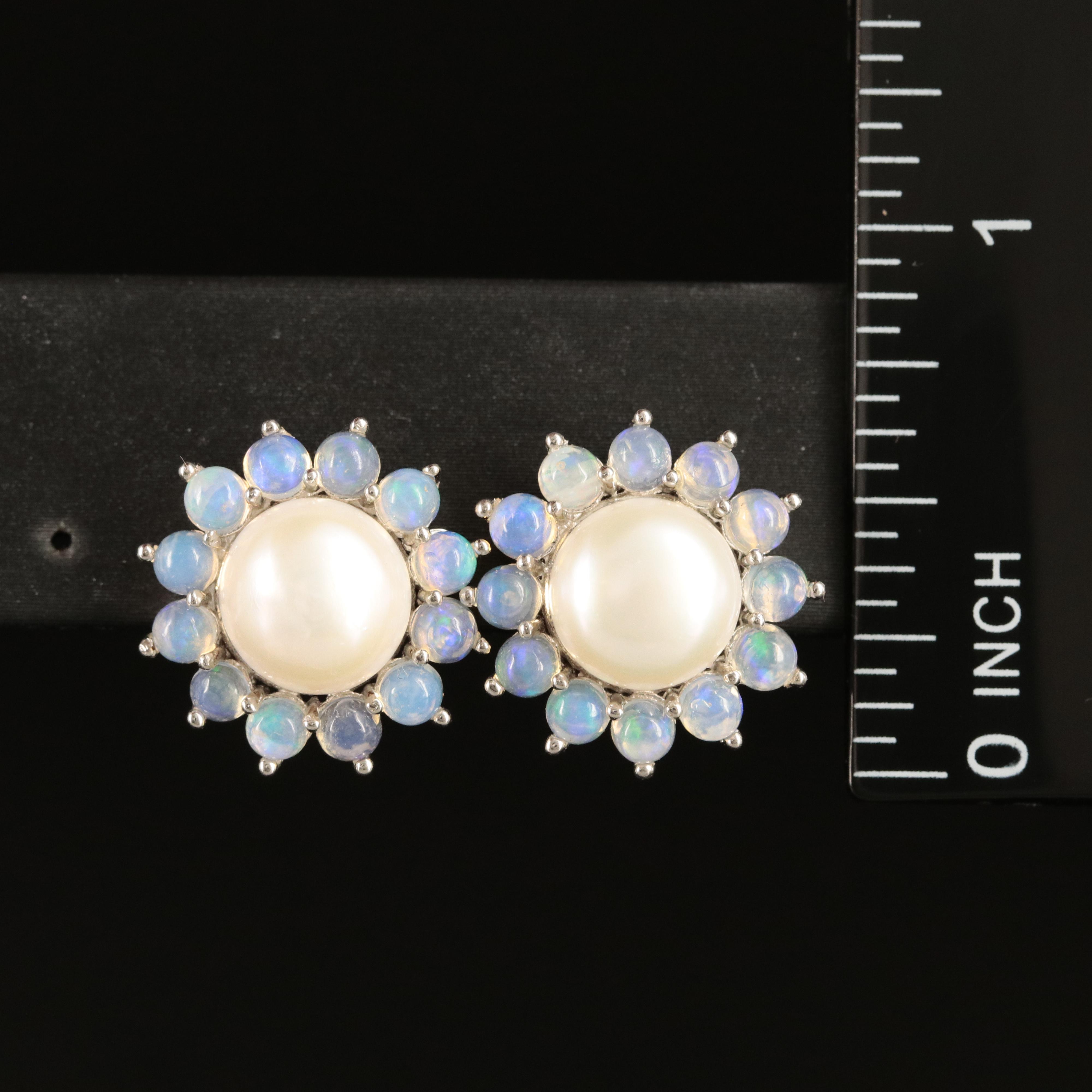 Sterling Pearl and Opal Button Earrings