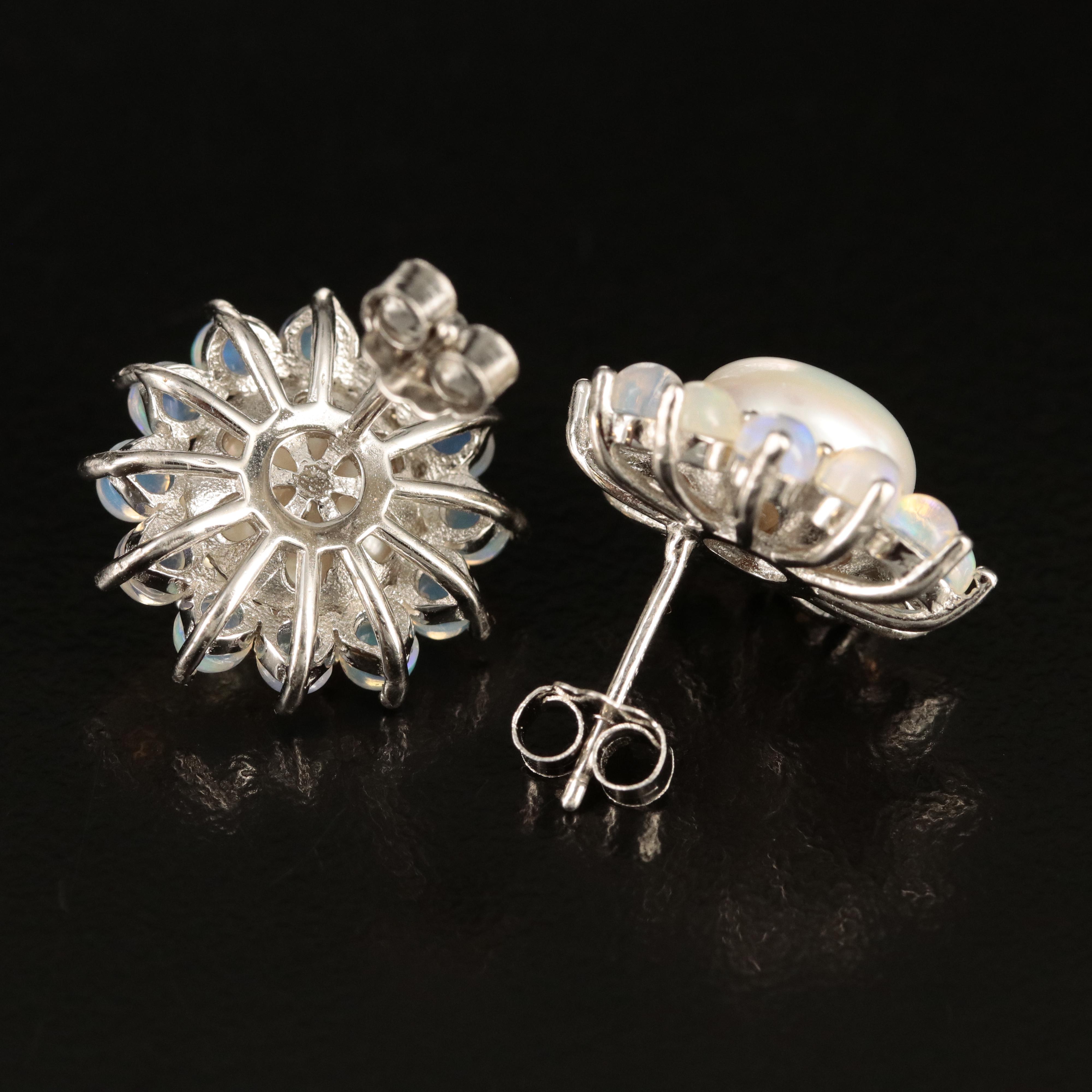 Sterling Pearl and Opal Button Earrings