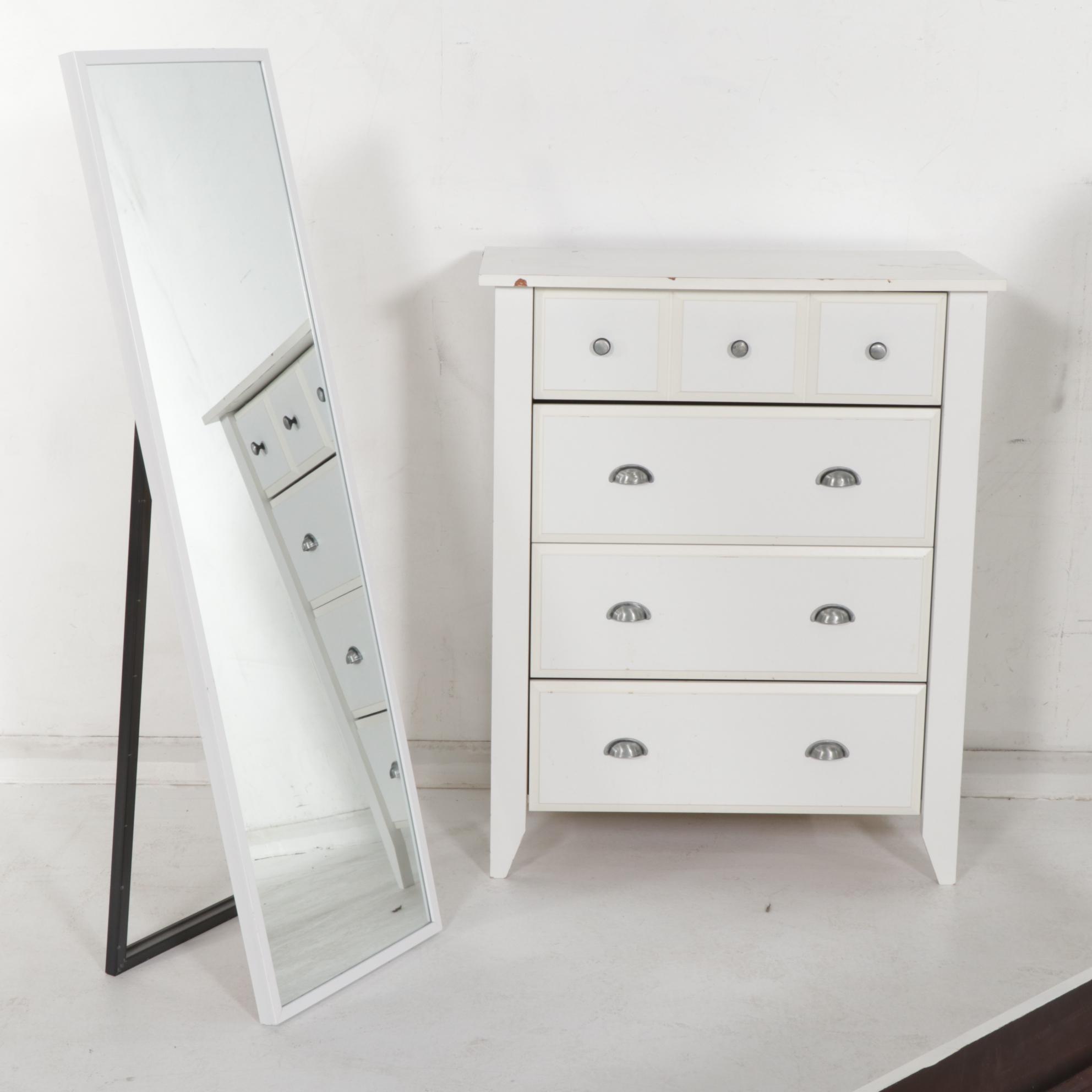 American Signature White-Painted Queen Size Bed with Chest of Drawers and Mirror