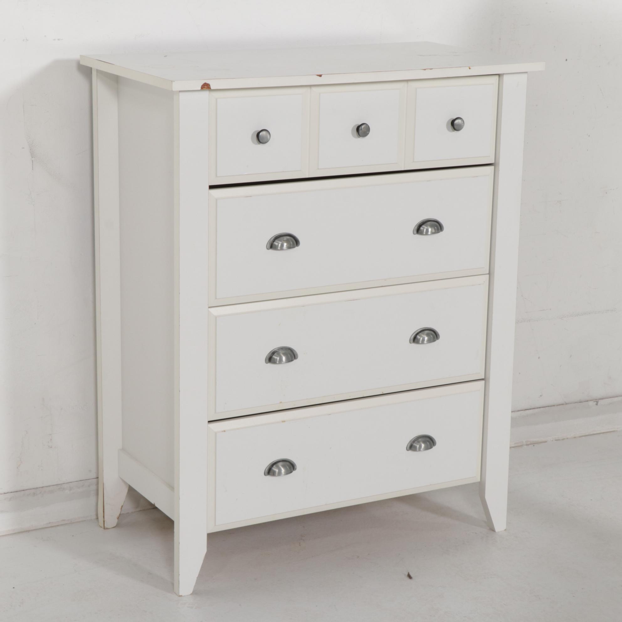 American Signature White-Painted Queen Size Bed with Chest of Drawers and Mirror