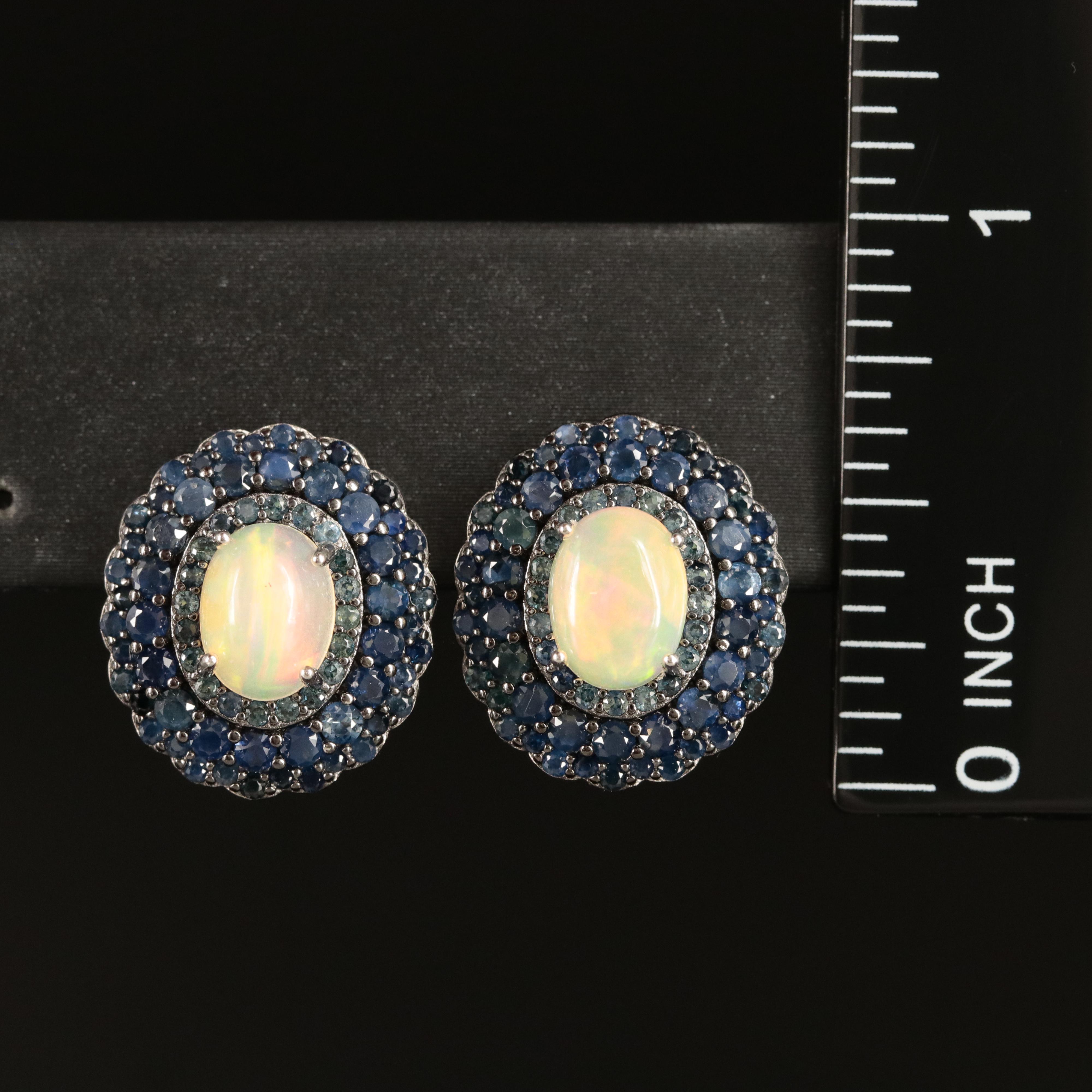 Sterling Opal and Sapphire Button Earrings