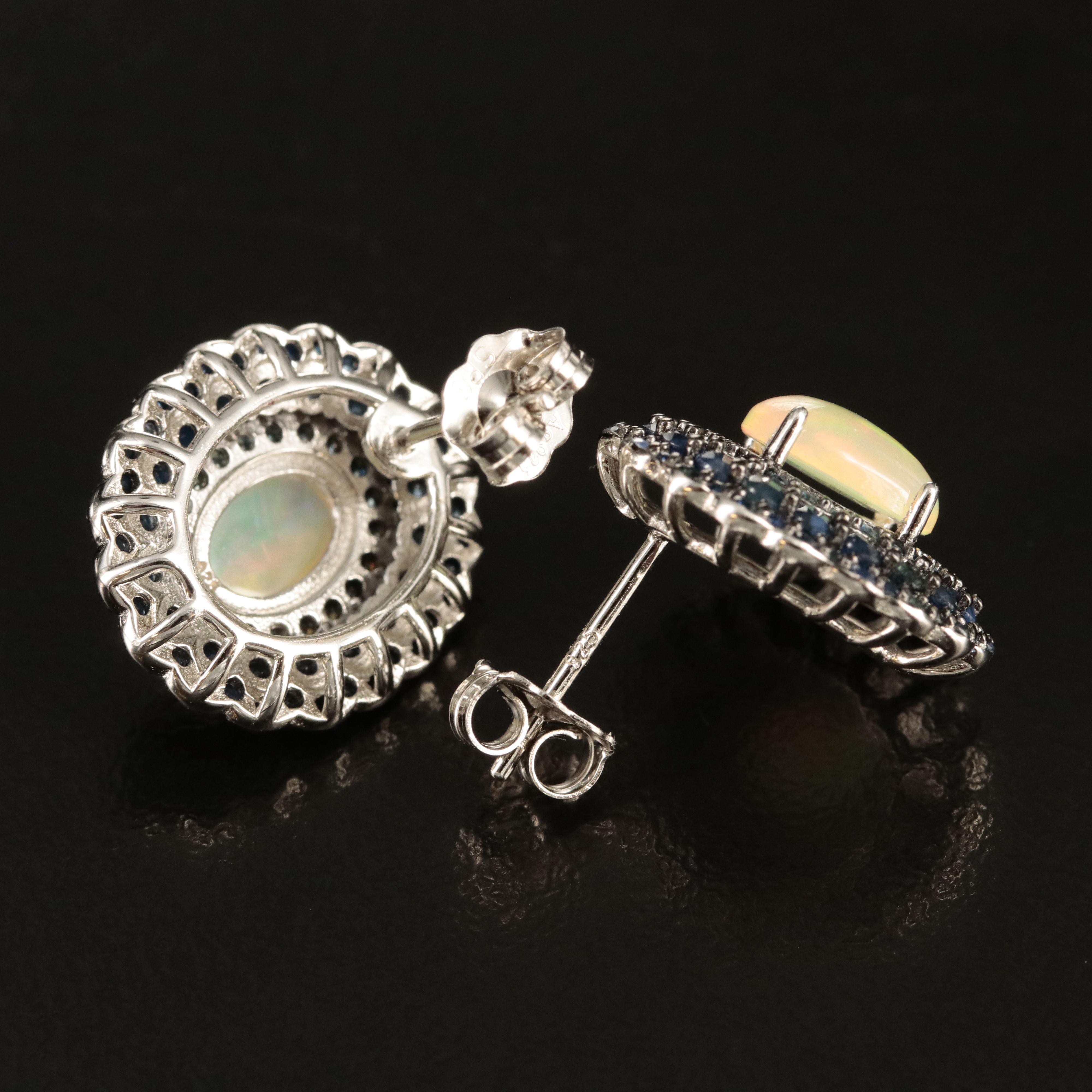 Sterling Opal and Sapphire Button Earrings