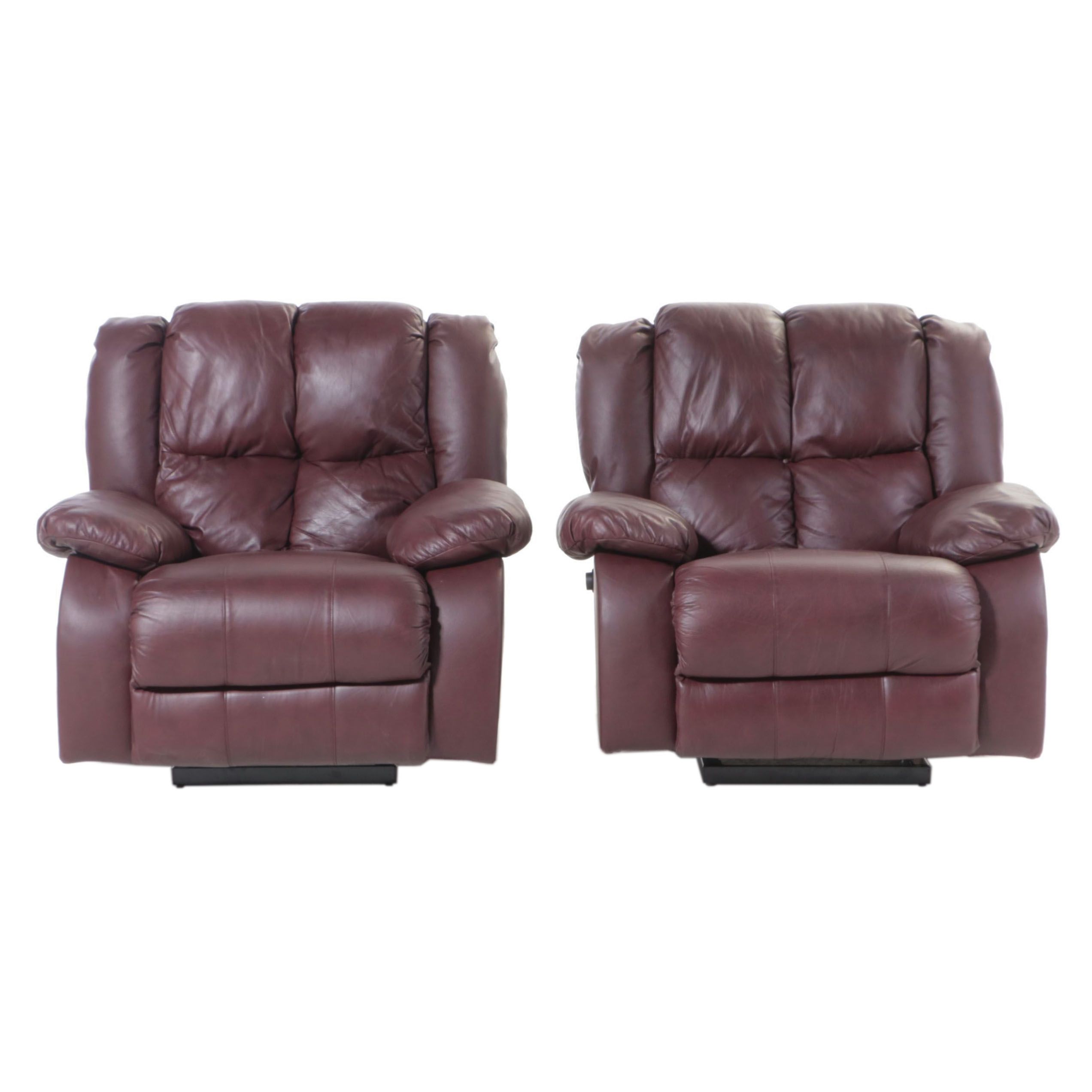 Pair of Burgundy Vinyl Upholstered Overstuffed Armchairs
