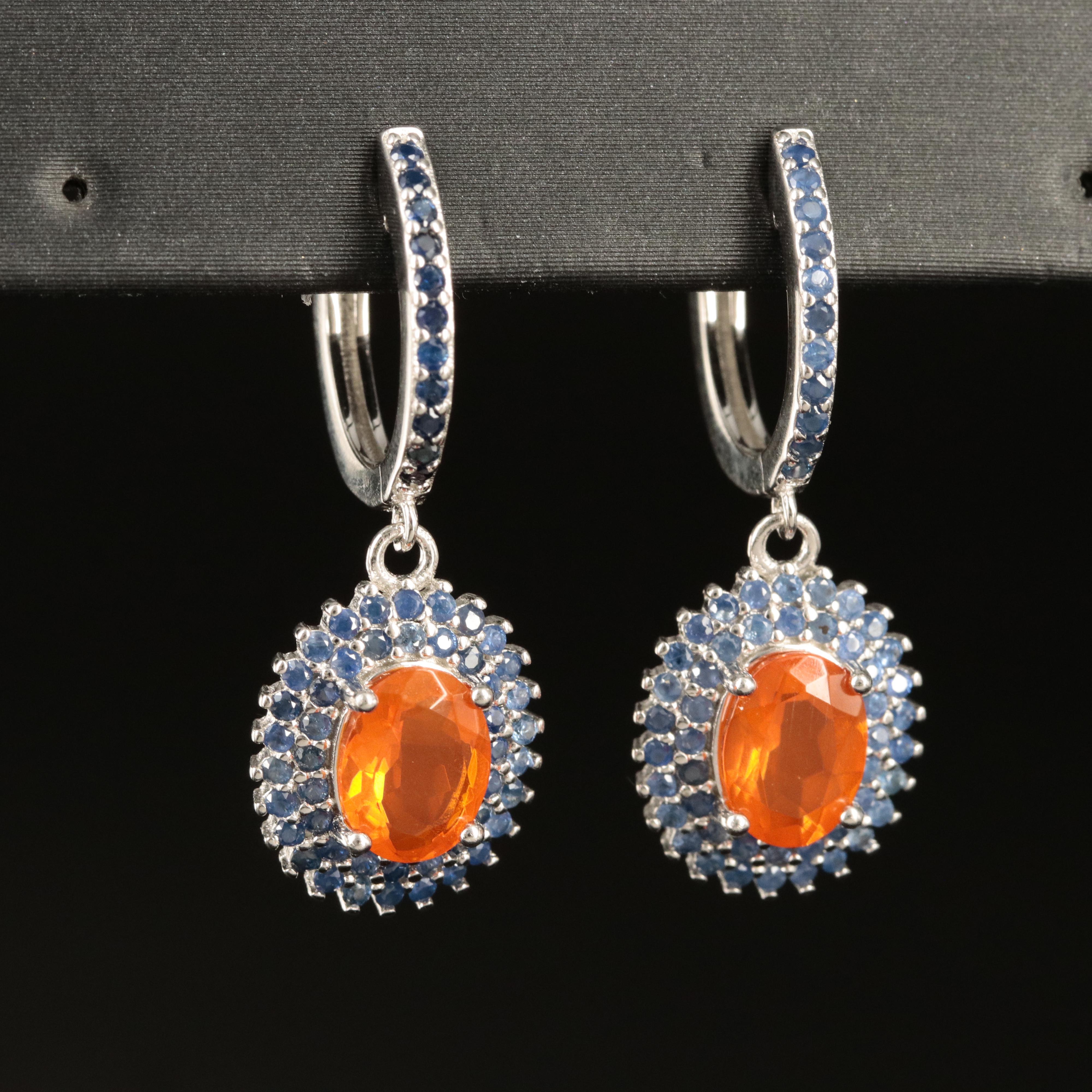 Sterling Fire Opal and Sapphire Earrings