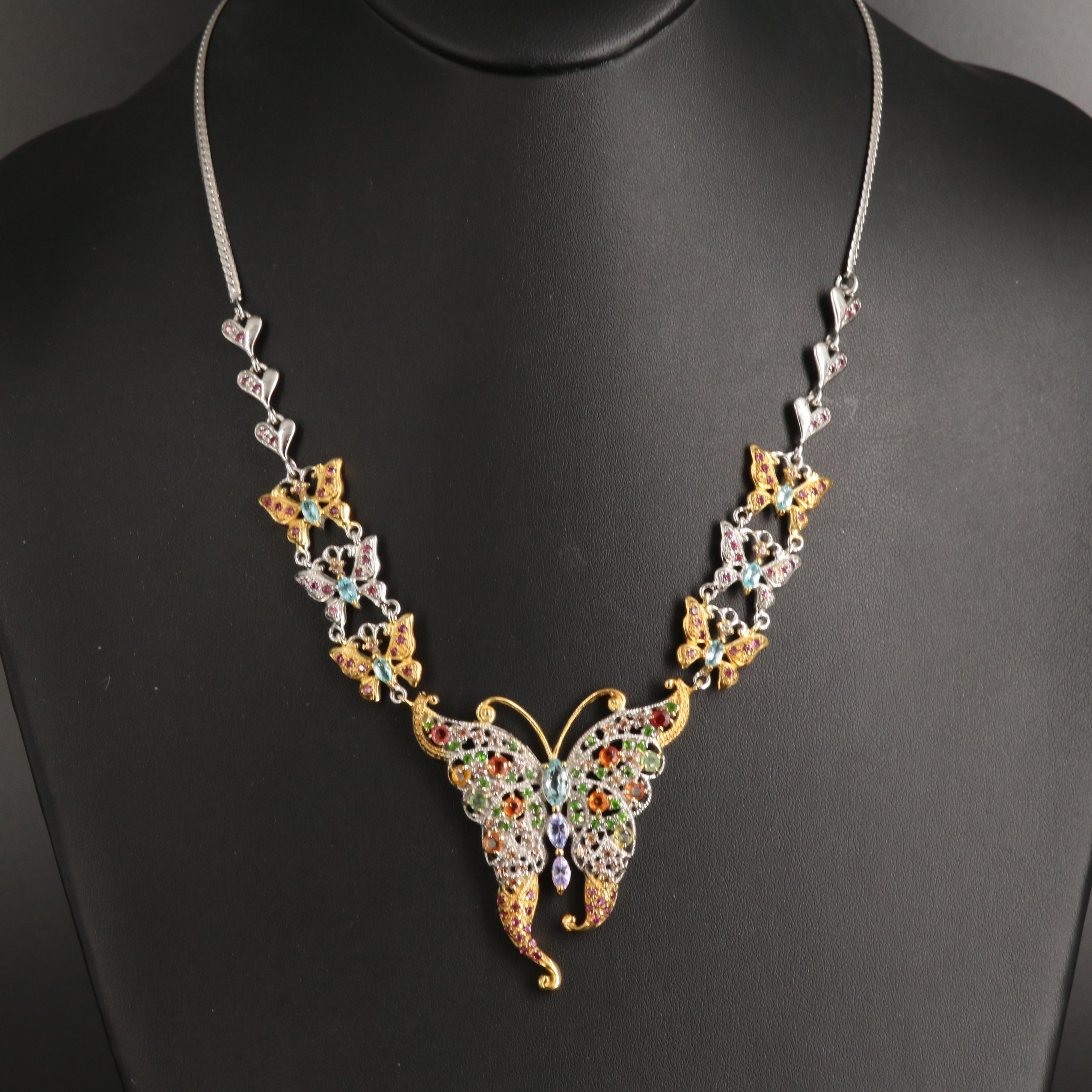 Sterling Two-Tone Aquamarine and Gemstone Butterfly Necklace