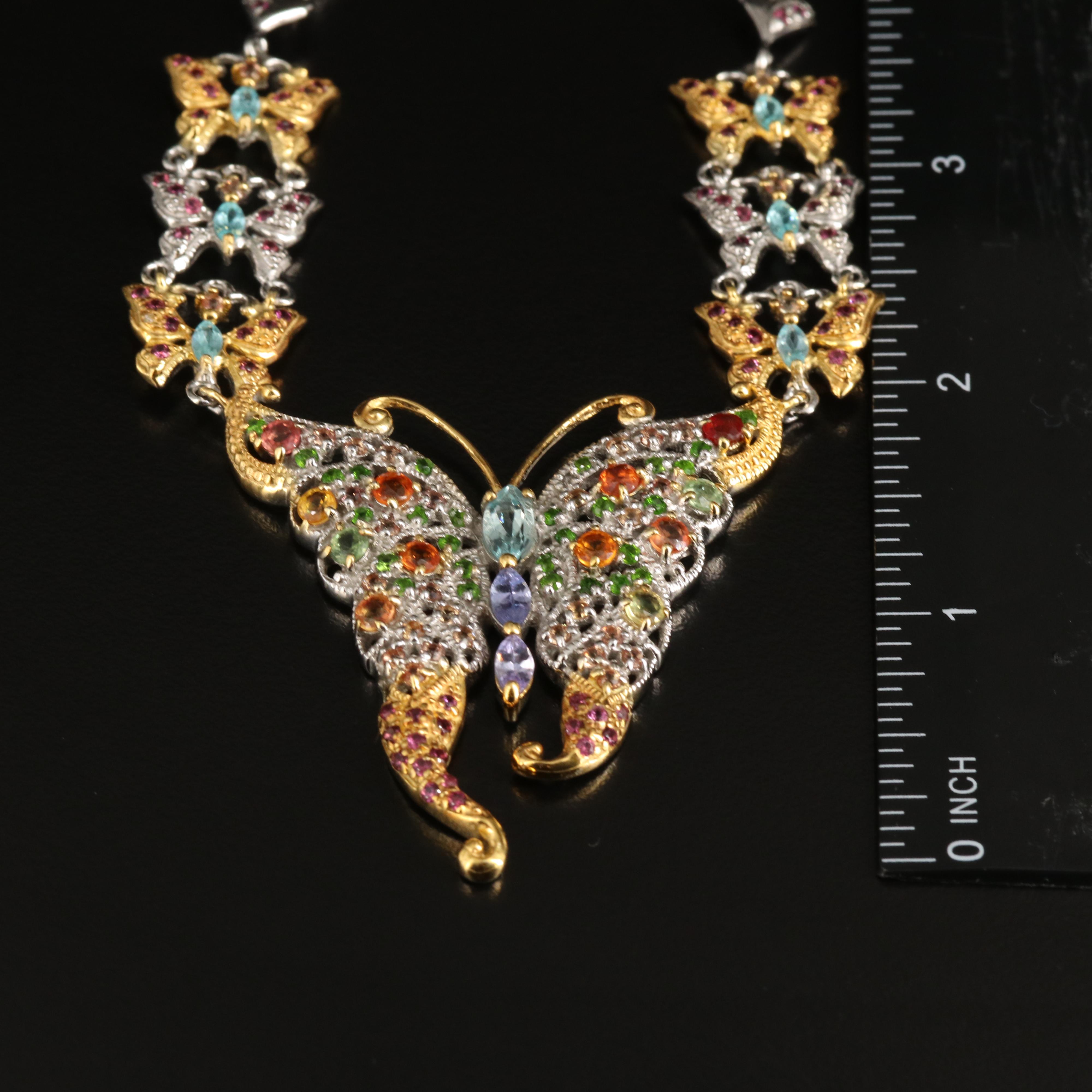 Sterling Two-Tone Aquamarine and Gemstone Butterfly Necklace