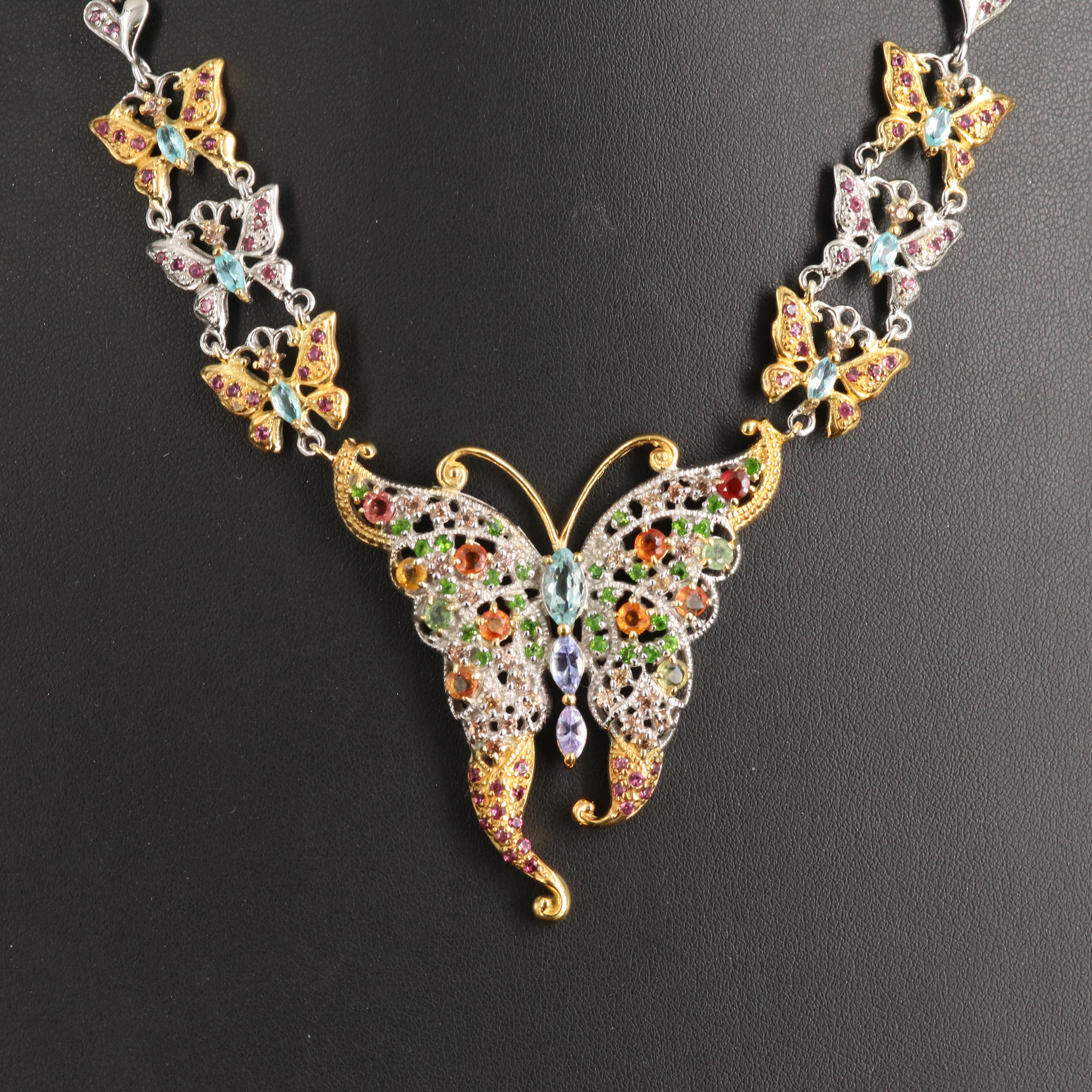 Sterling Two-Tone Aquamarine and Gemstone Butterfly Necklace