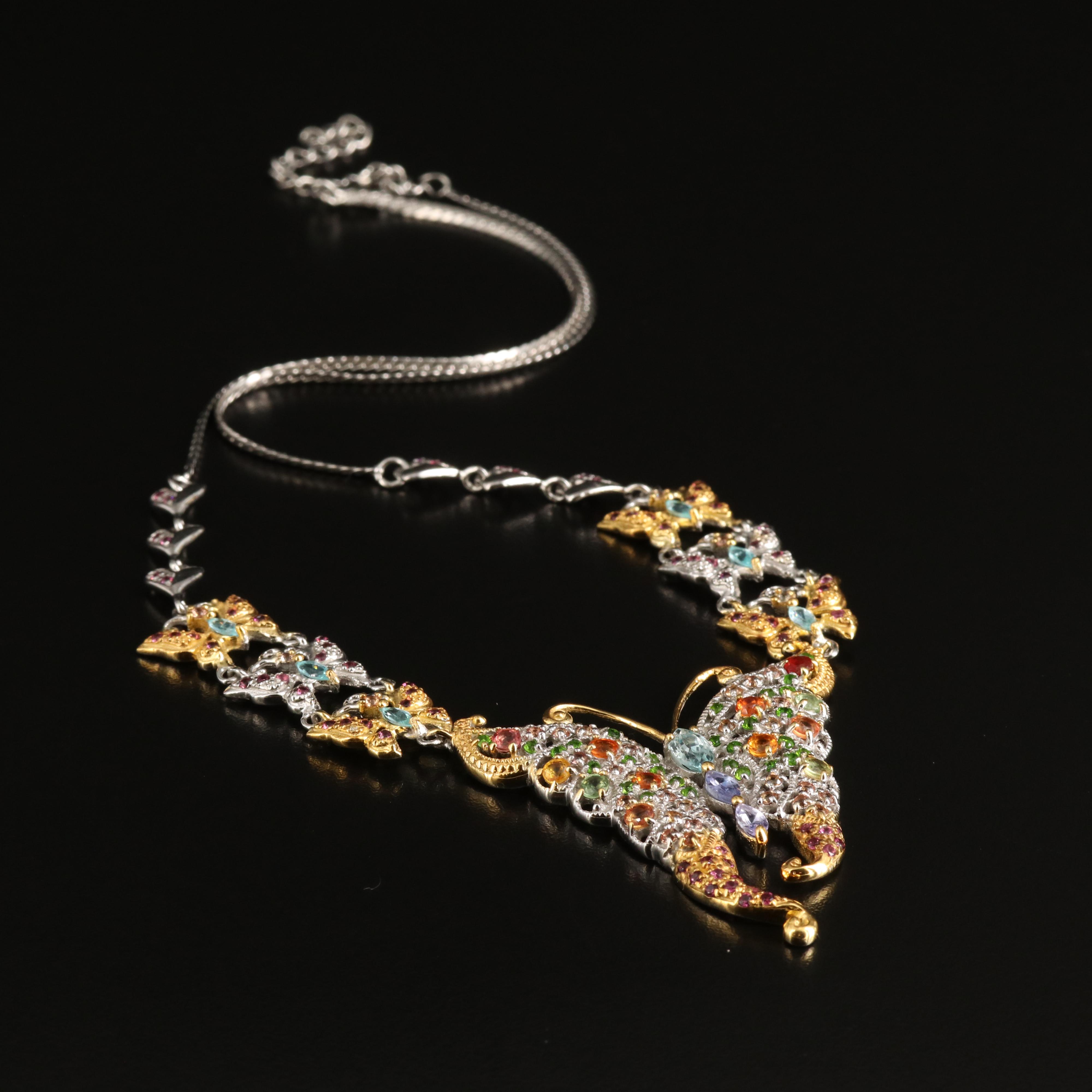 Sterling Two-Tone Aquamarine and Gemstone Butterfly Necklace