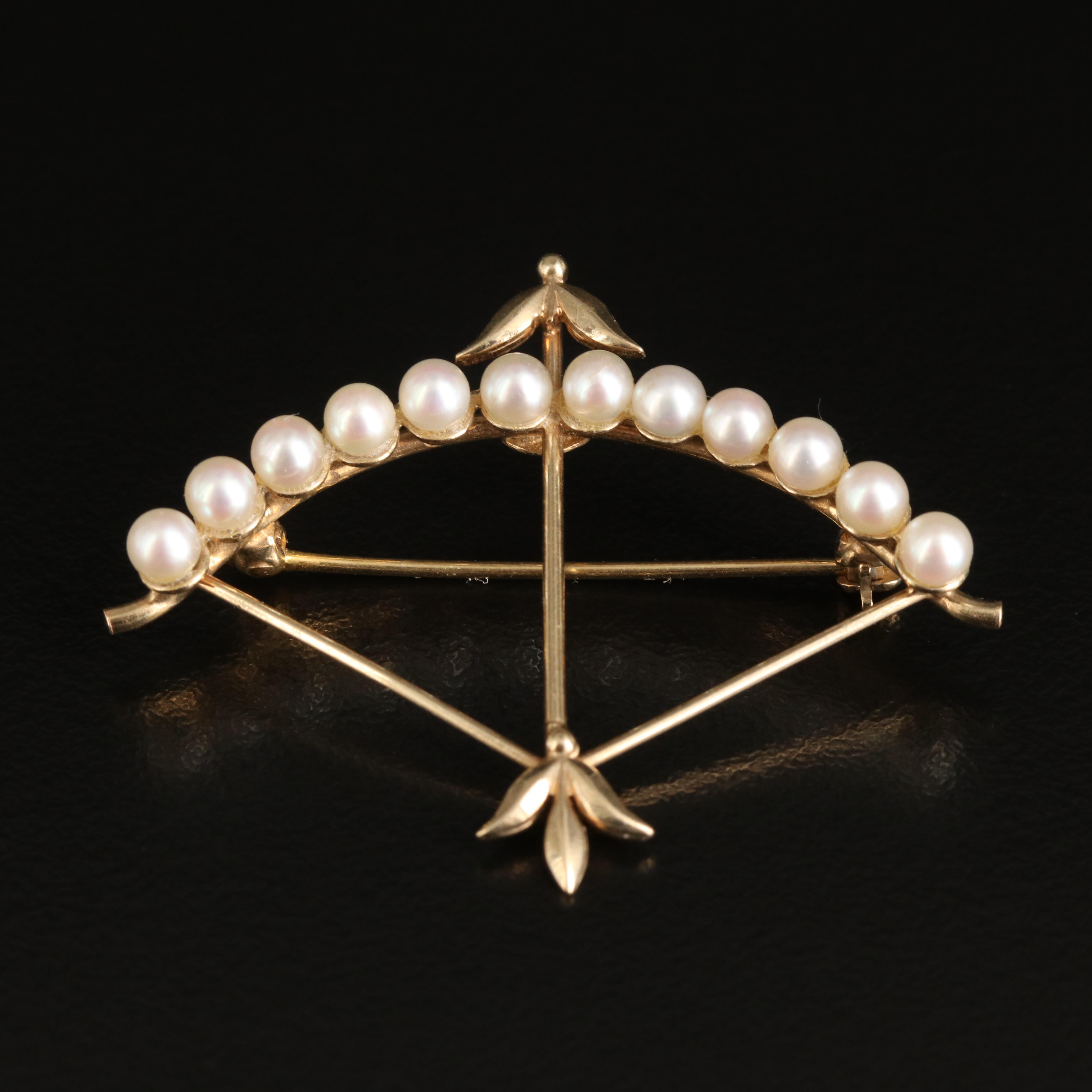 1950s Carl Art Inc. 14K Pearl Bow and Arrow Brooch