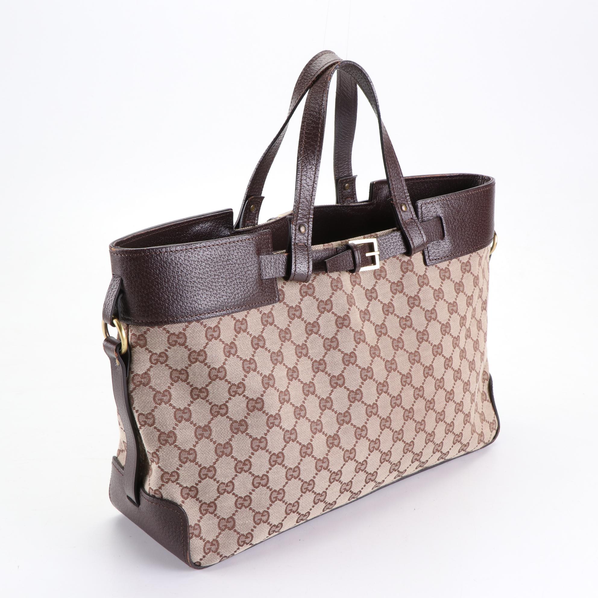 Gucci Tote Bag in GG Canvas and Brown Cinghiale Leather