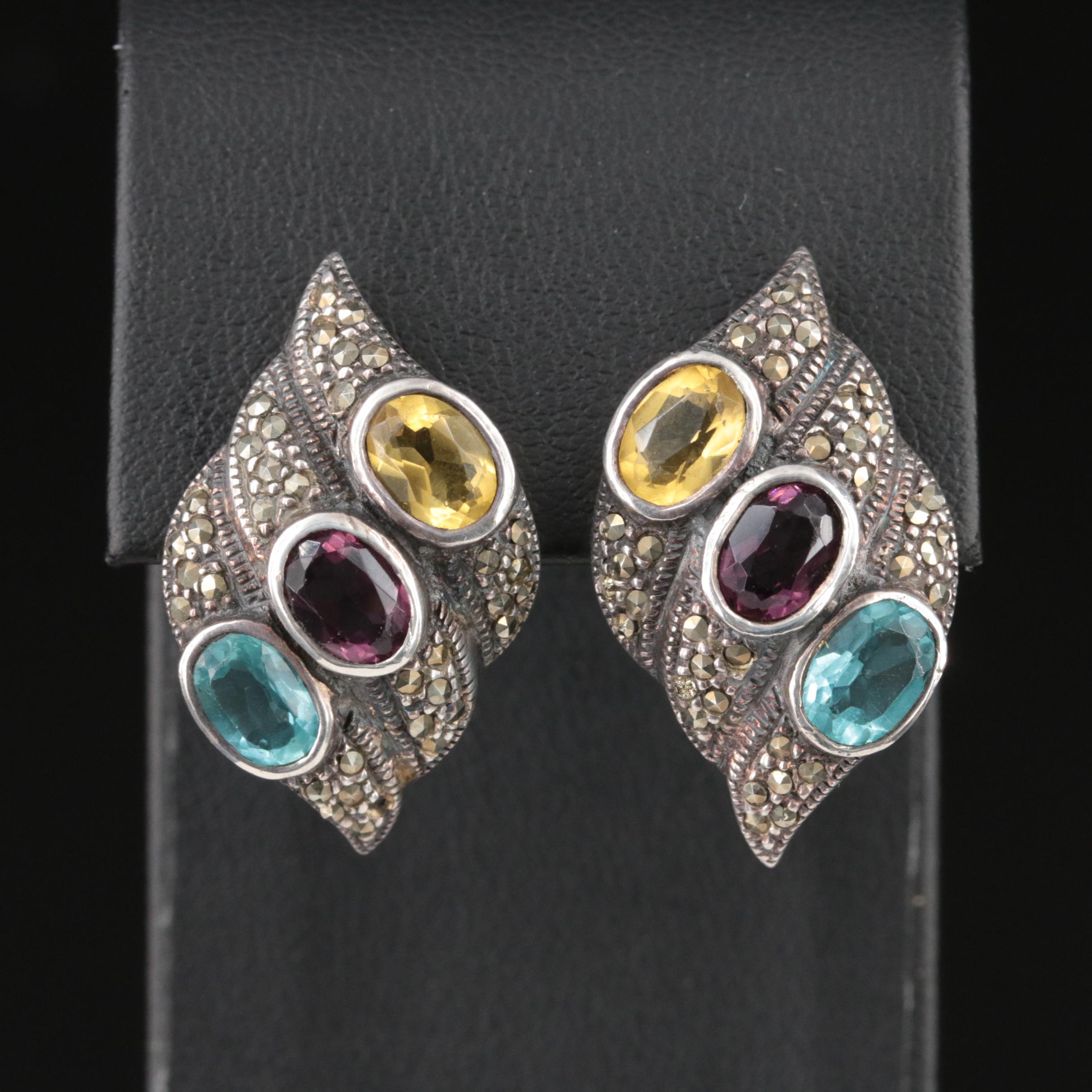 Sterling Marcasite and Glass Fluted Earrings