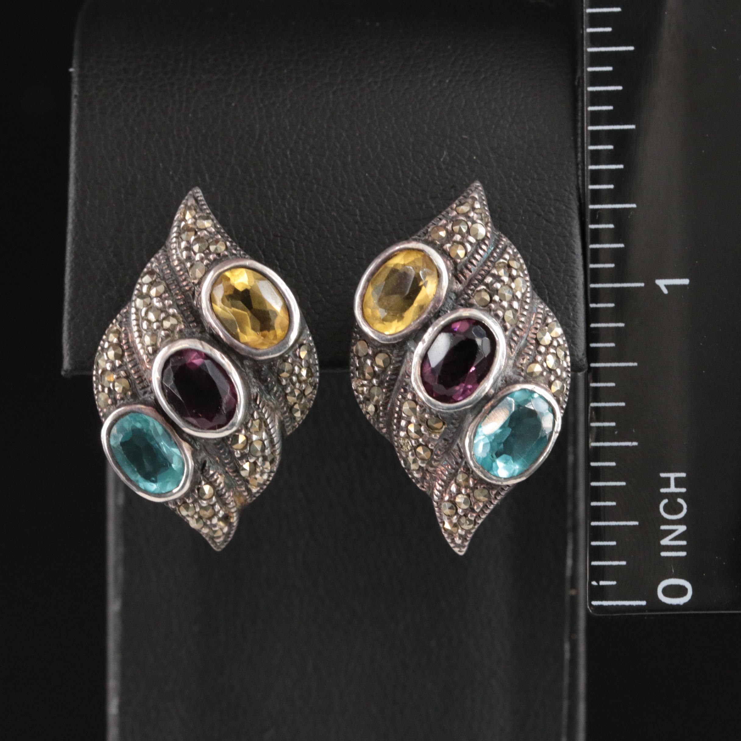 Sterling Marcasite and Glass Fluted Earrings