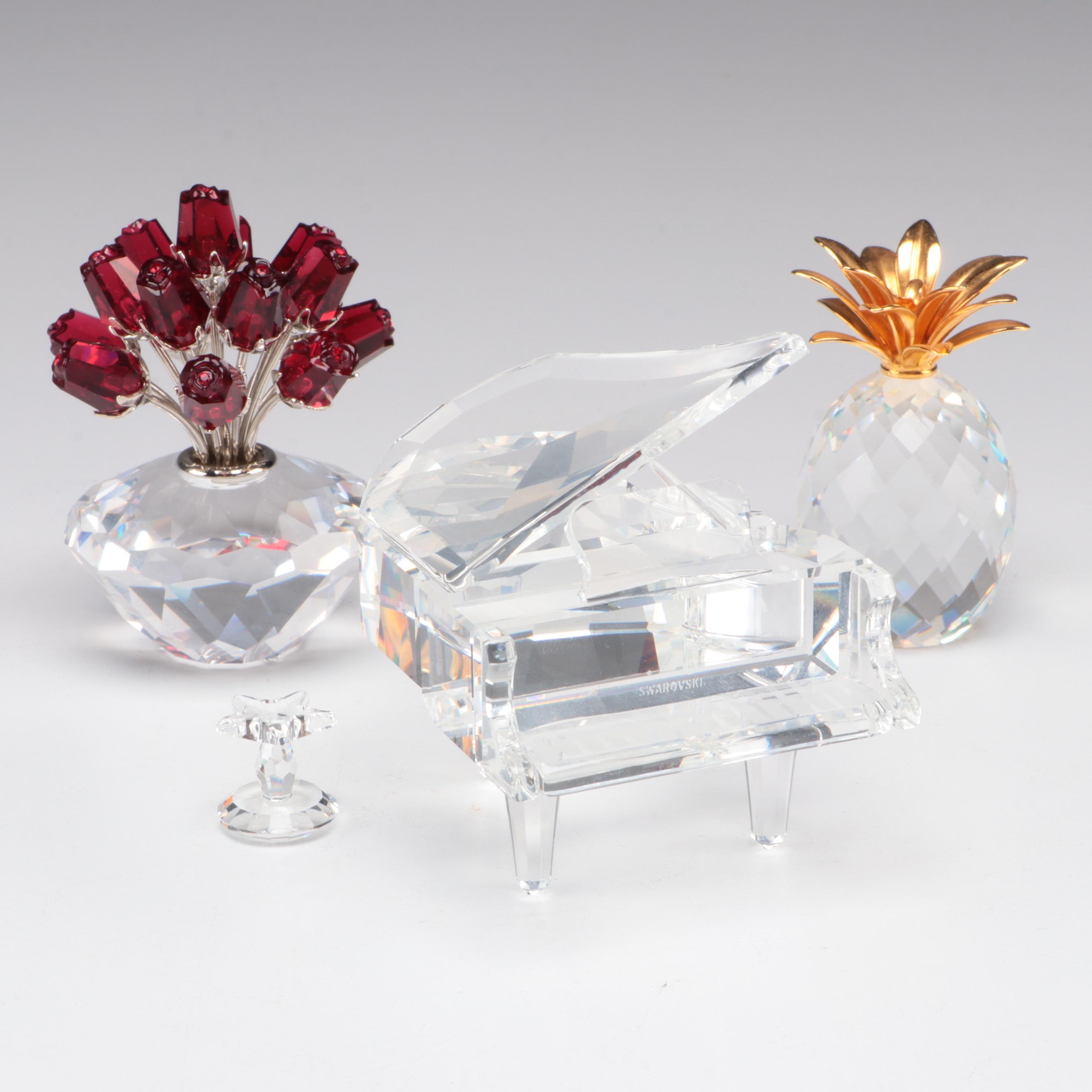 Swarovski Crystal Flower Vase With Grand Piano and Other Figurines