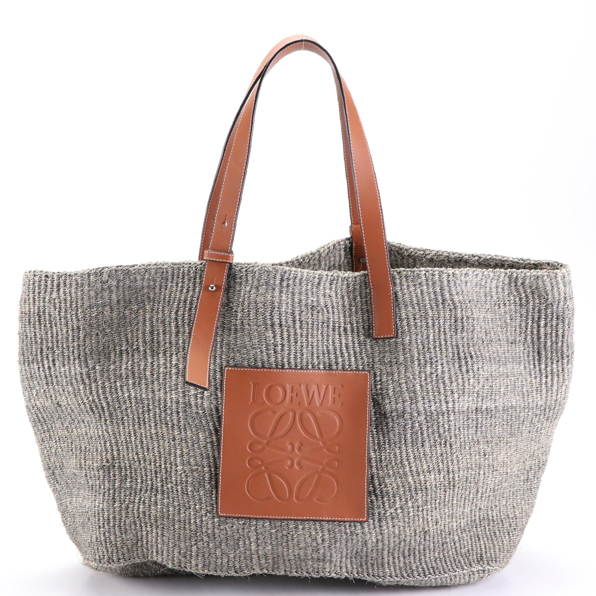 Loewe Basket Bag in Jute and Calfskin with Anagram Patch