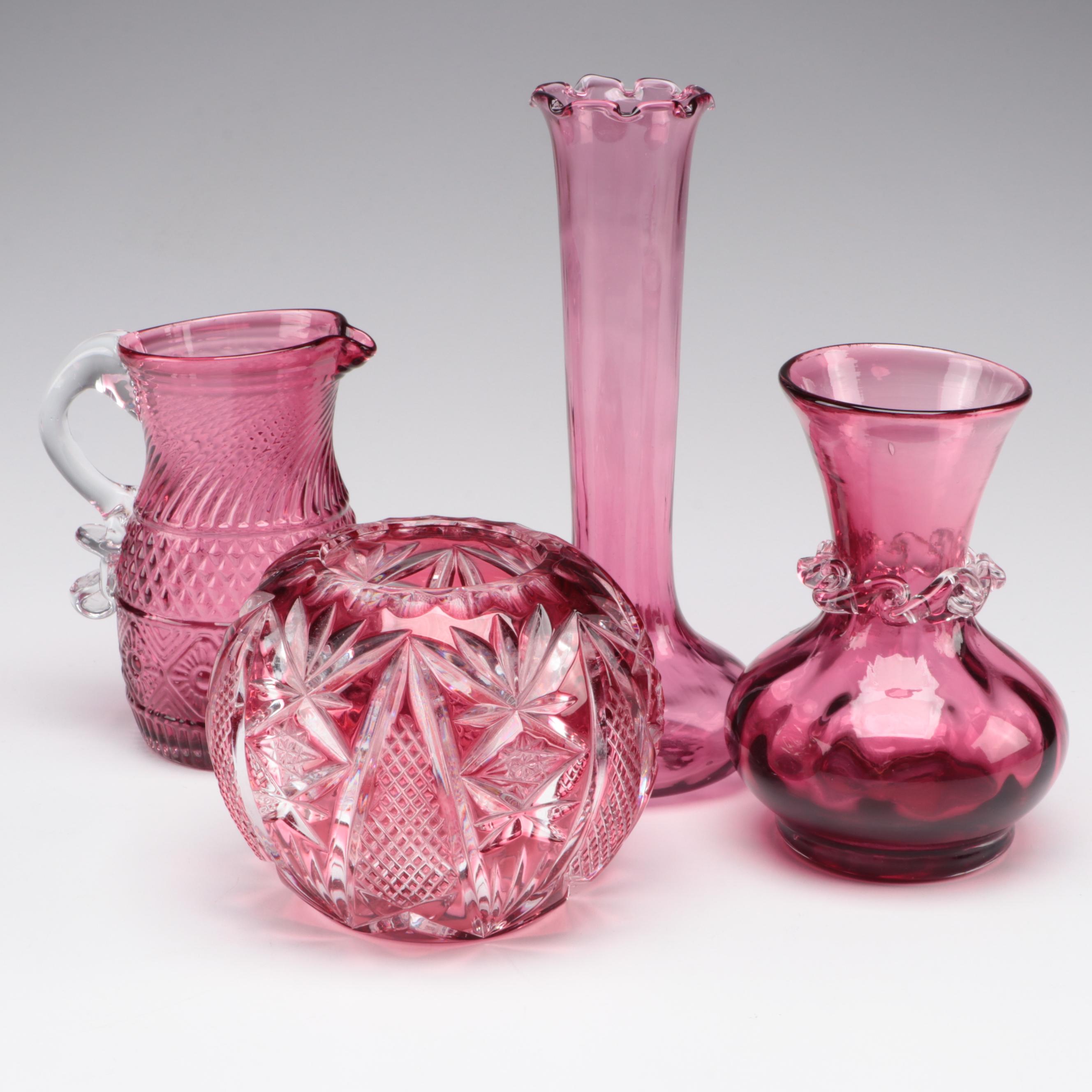 Cranberry Glass Vases, Pitcher, and Rose Bowl, Late 20th Century