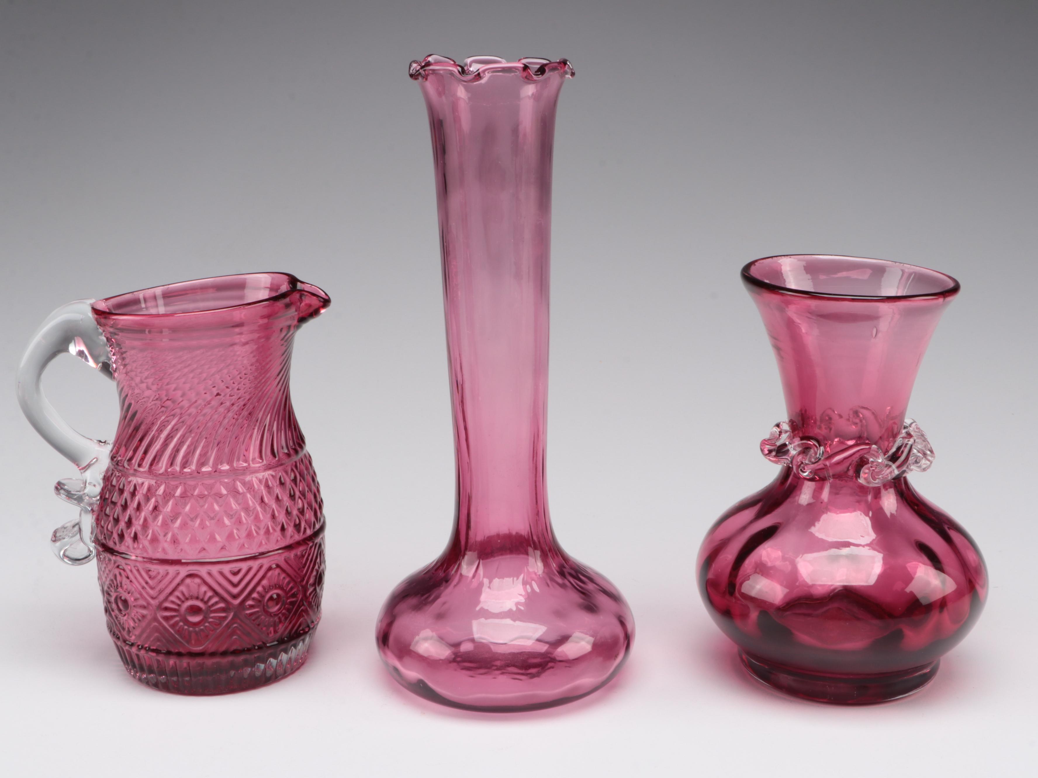 Cranberry Glass Vases, Pitcher, and Rose Bowl, Late 20th Century