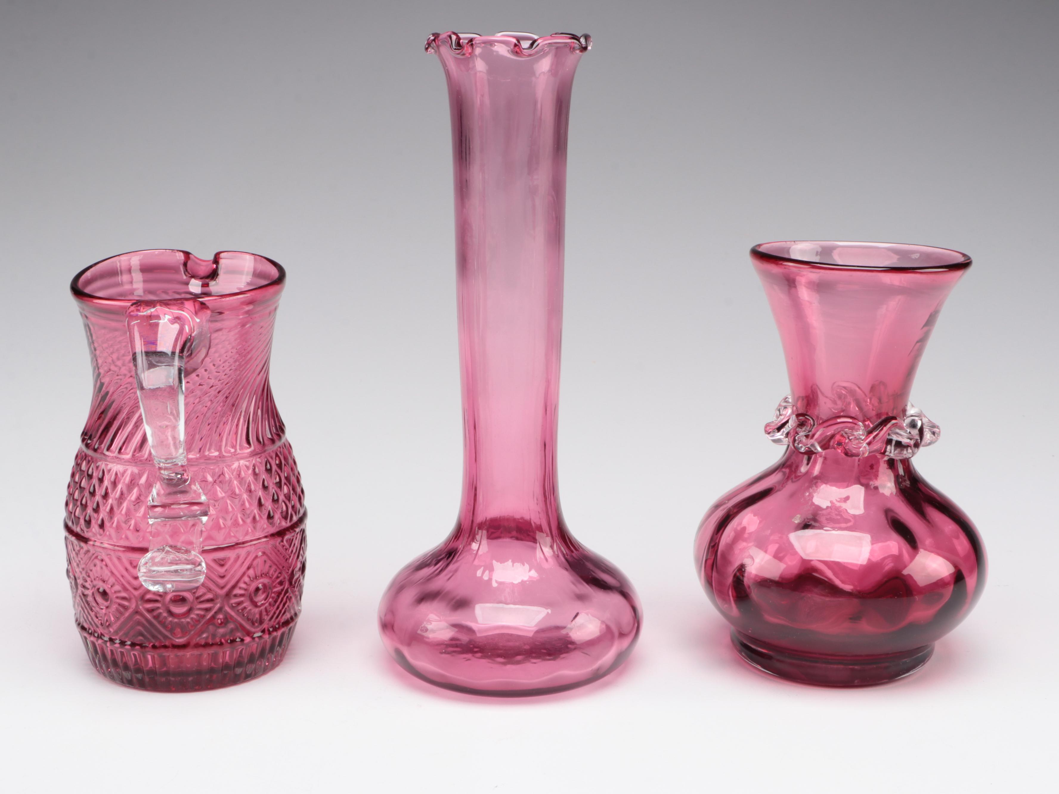 Cranberry Glass Vases, Pitcher, and Rose Bowl, Late 20th Century