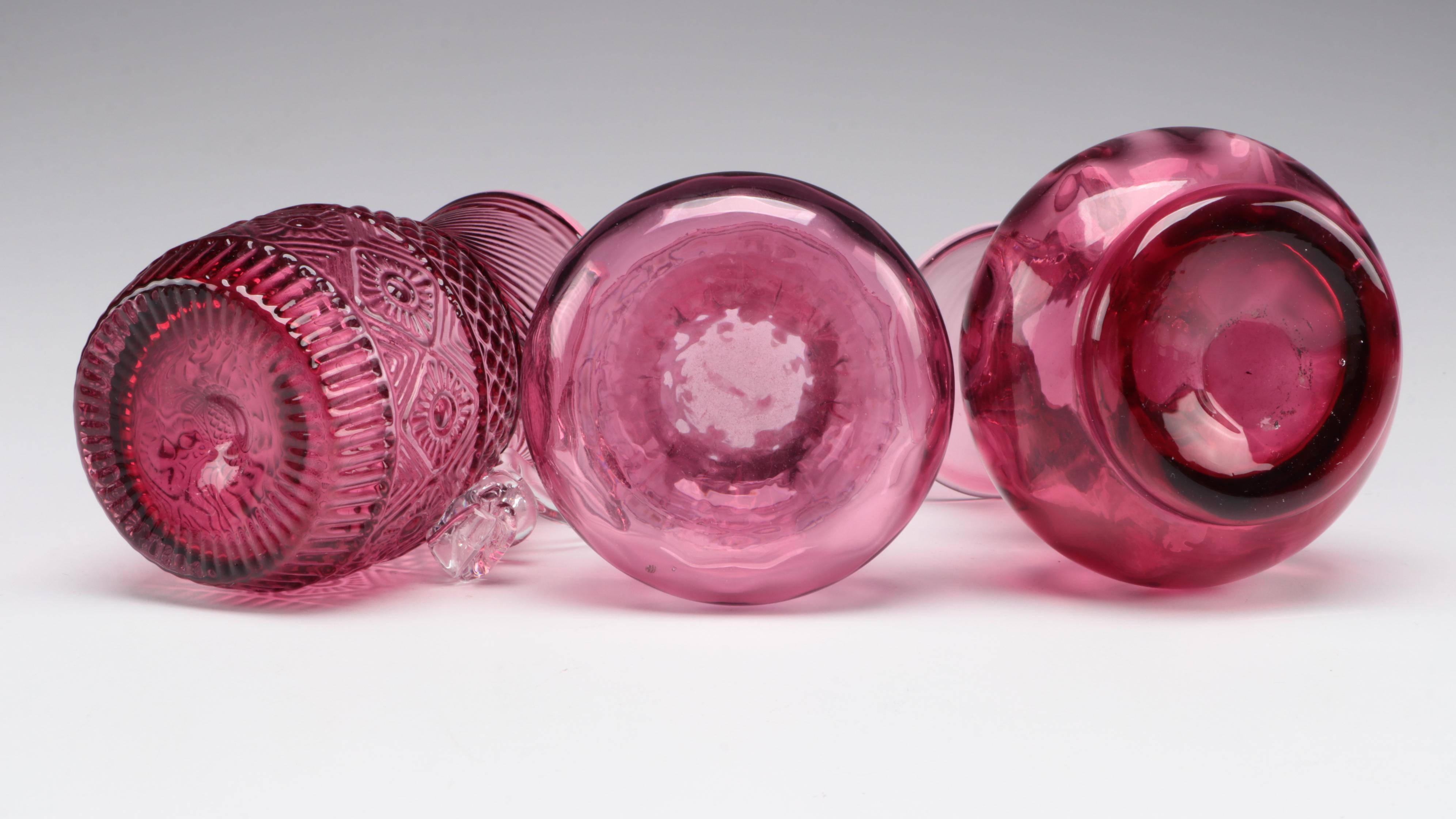 Cranberry Glass Vases, Pitcher, and Rose Bowl, Late 20th Century