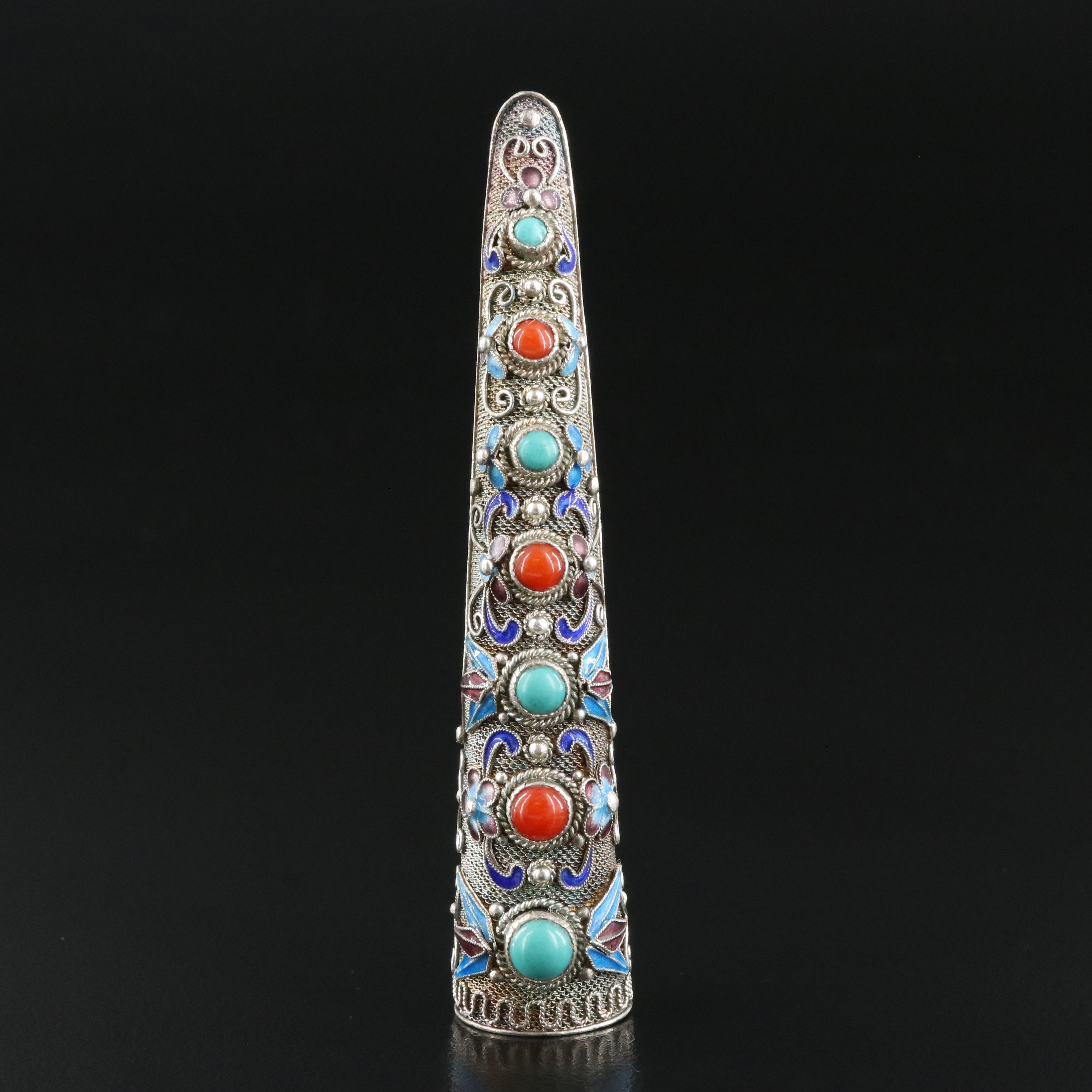 Chinese Sterling Turquoise, Coral and Enamel Finger Guard Brooch