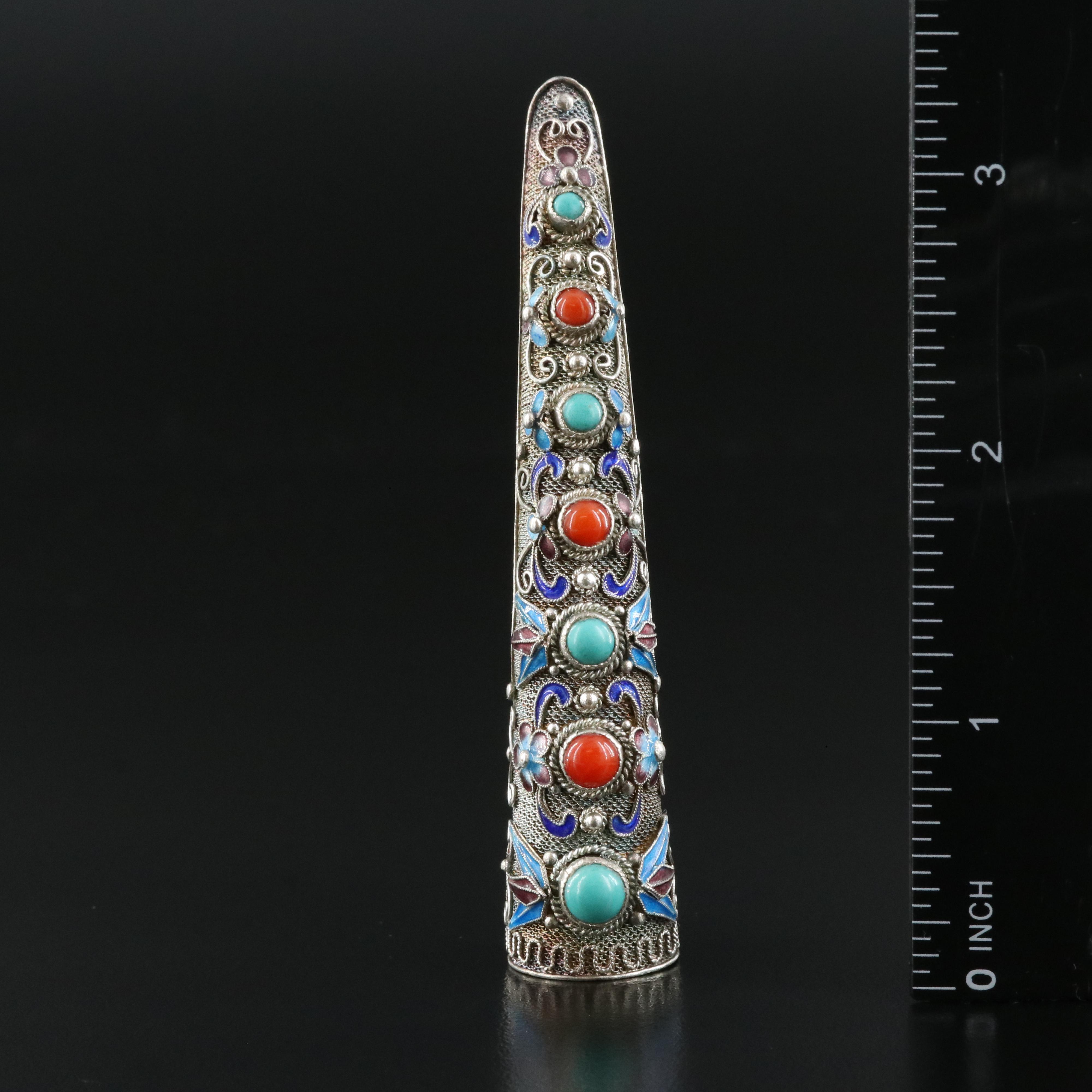Chinese Sterling Turquoise, Coral and Enamel Finger Guard Brooch
