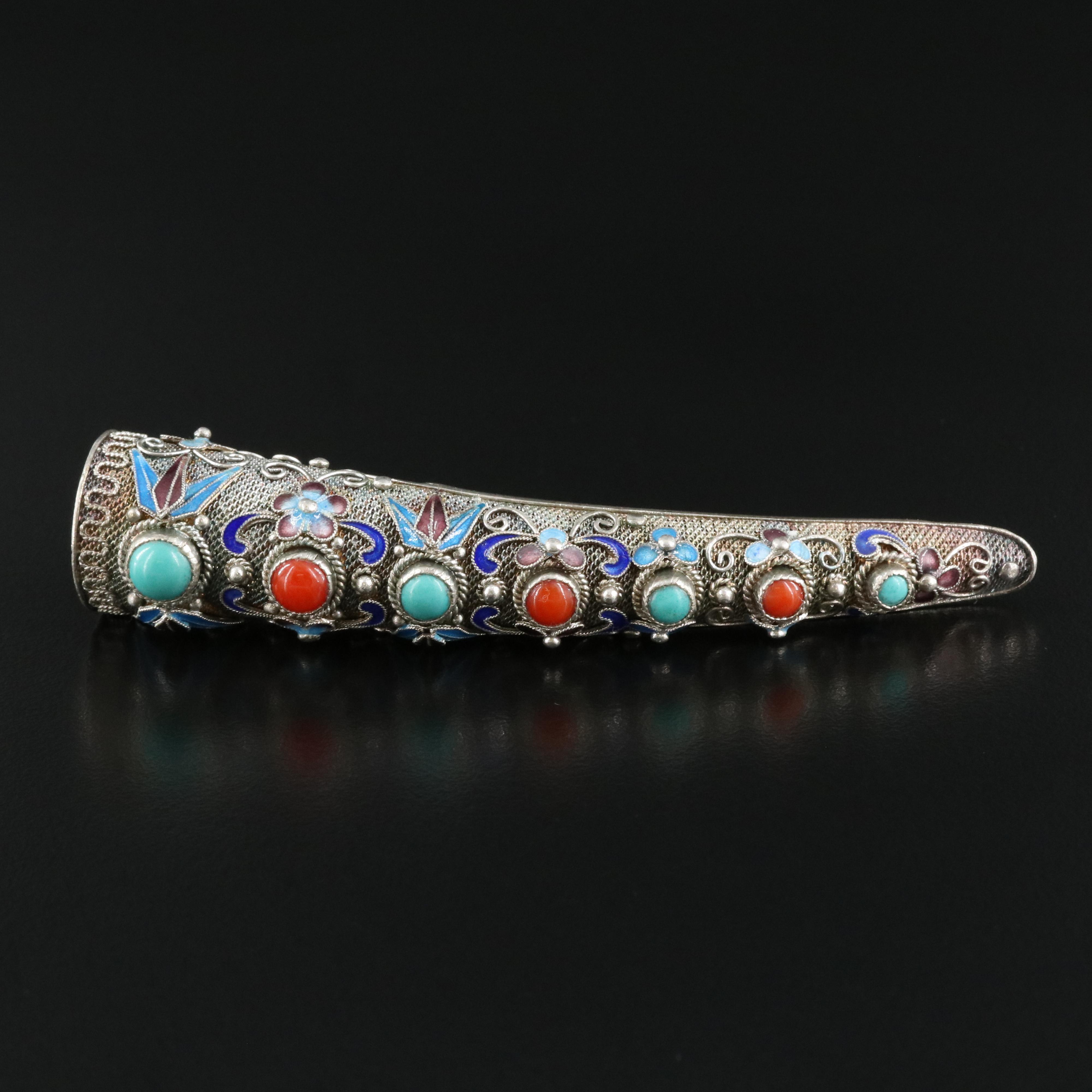 Chinese Sterling Turquoise, Coral and Enamel Finger Guard Brooch
