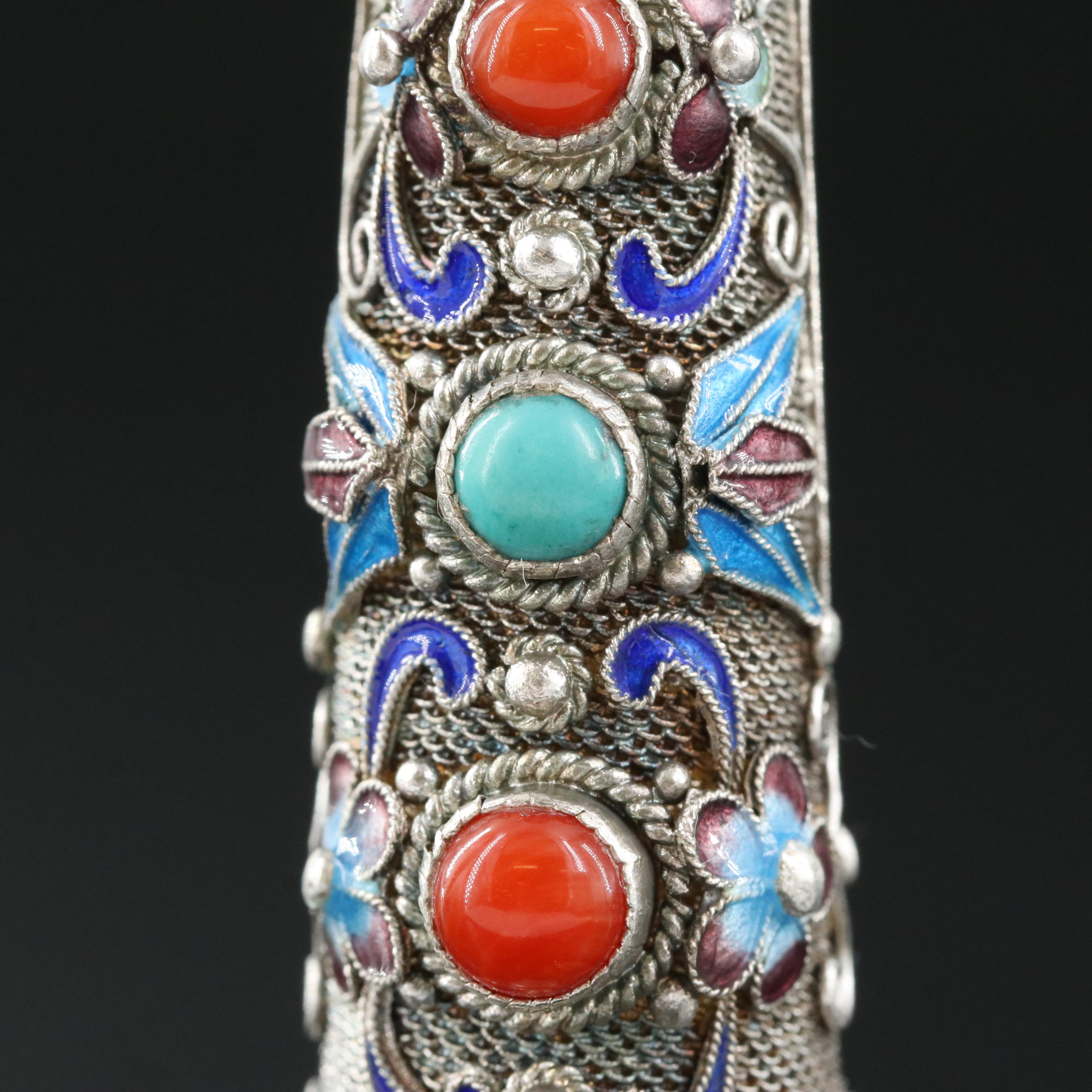 Chinese Sterling Turquoise, Coral and Enamel Finger Guard Brooch