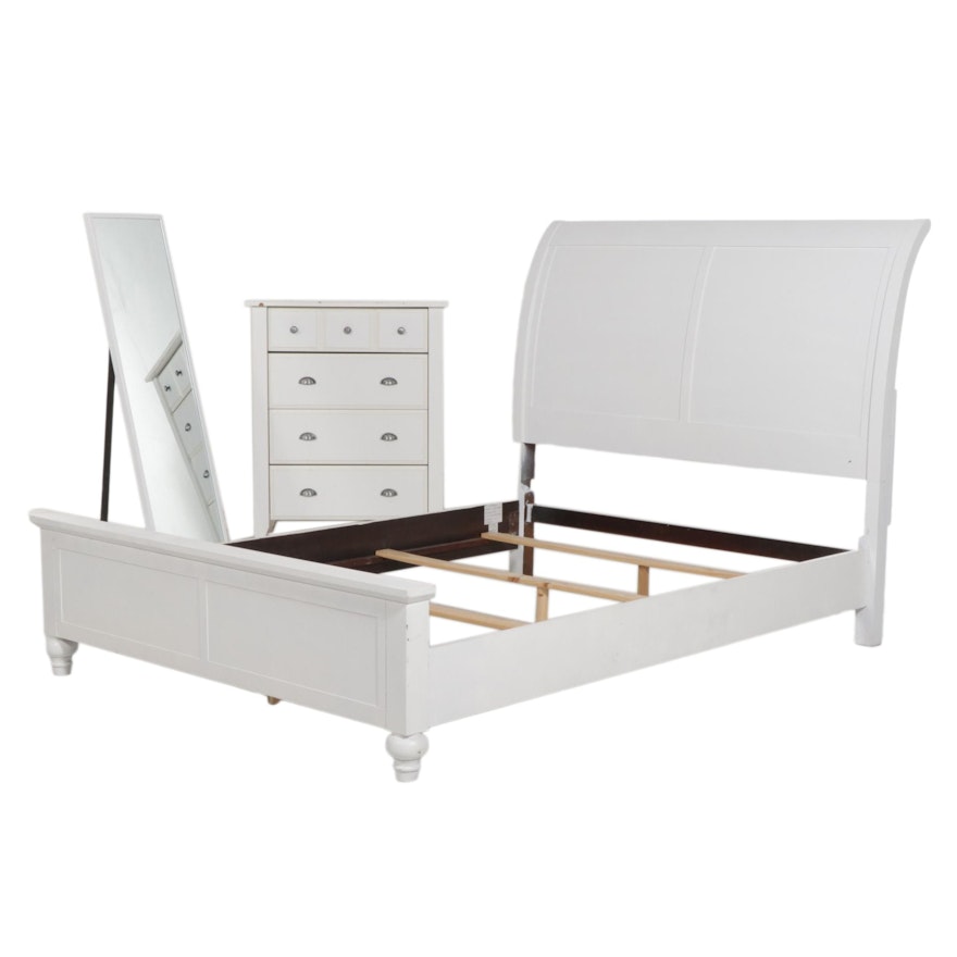 American Signature White-Painted Queen Size Bed with Chest of Drawers and Mirror
