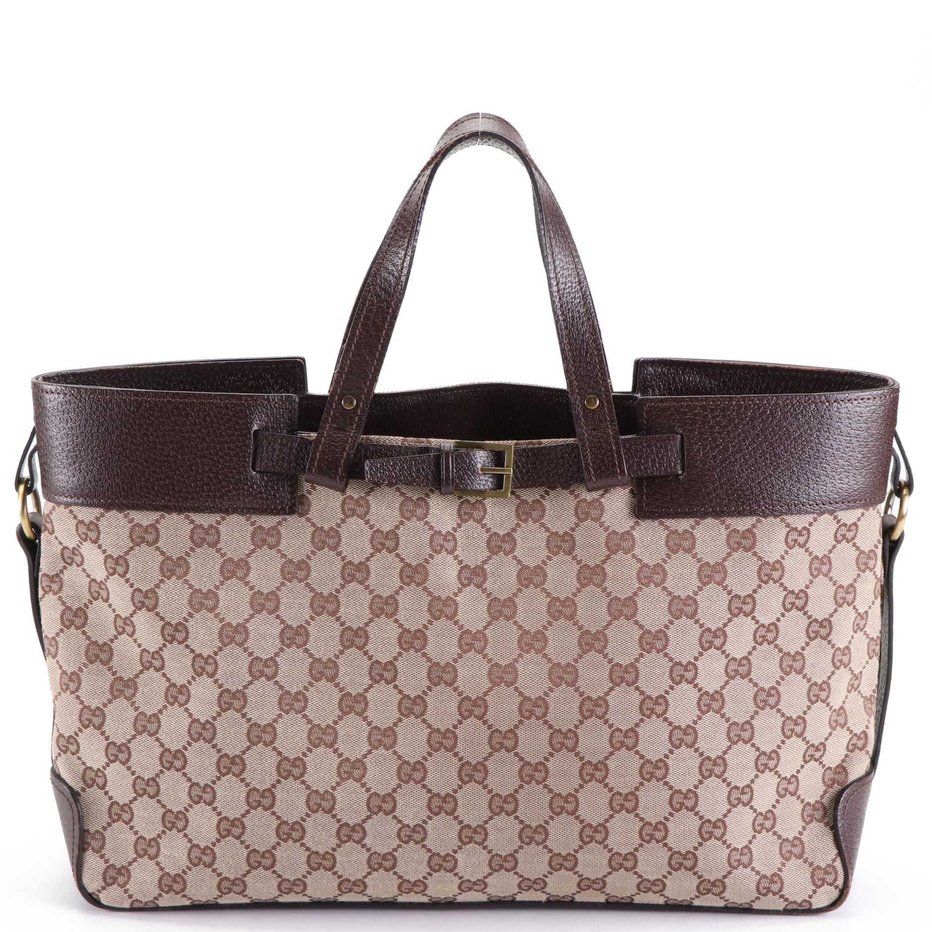 Gucci Tote Bag in GG Canvas and Brown Cinghiale Leather