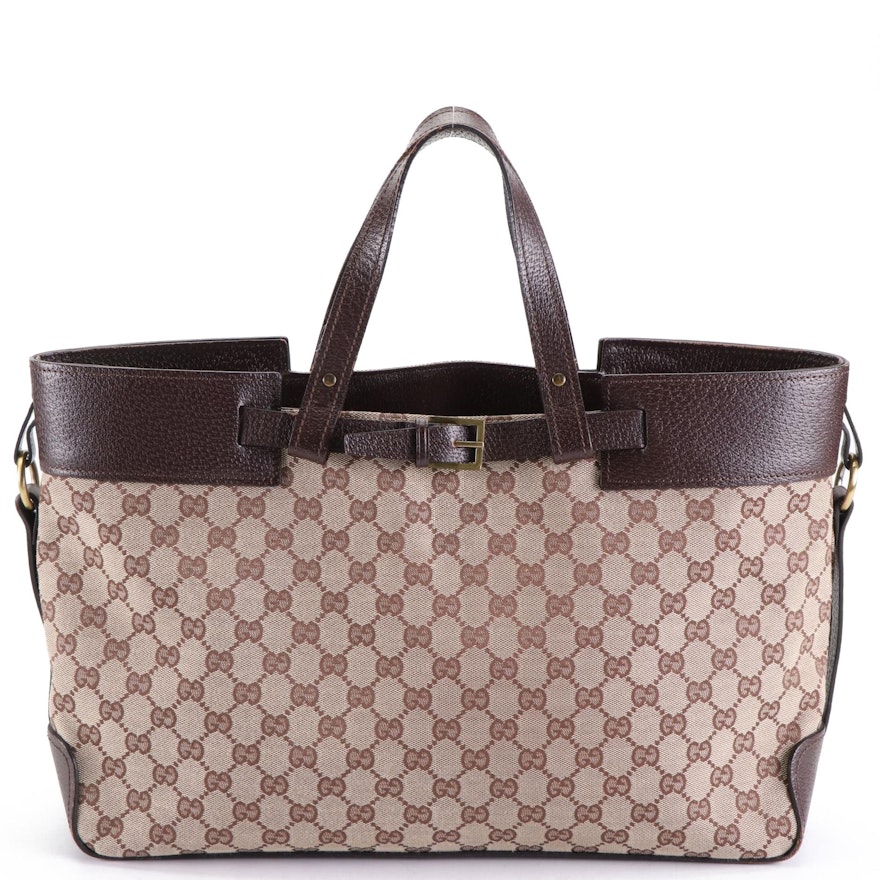 Gucci Tote Bag in GG Canvas and Brown Cinghiale Leather