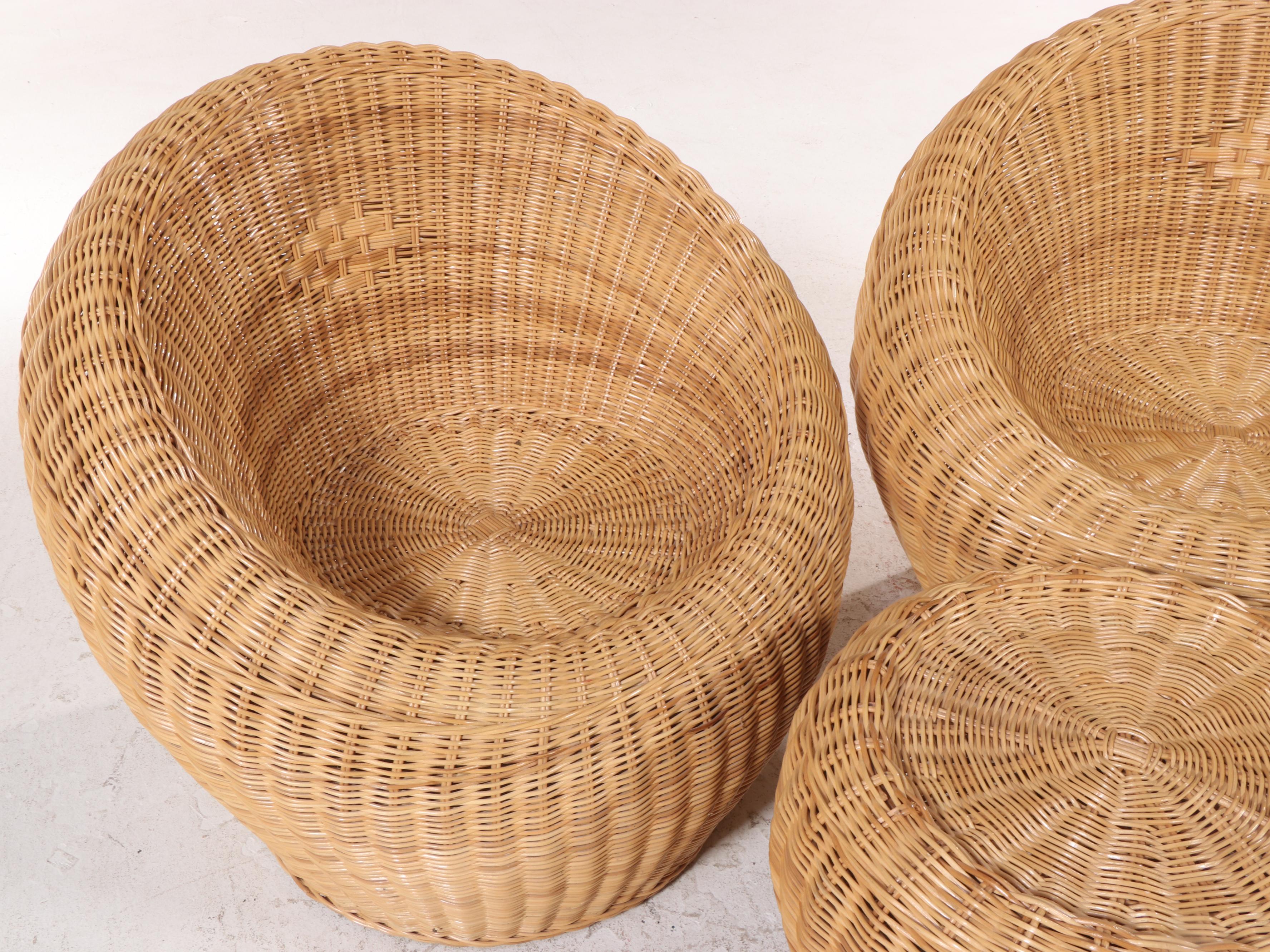 Two Wicker and Rattan Patio Lounge Chairs Plus Ottoman