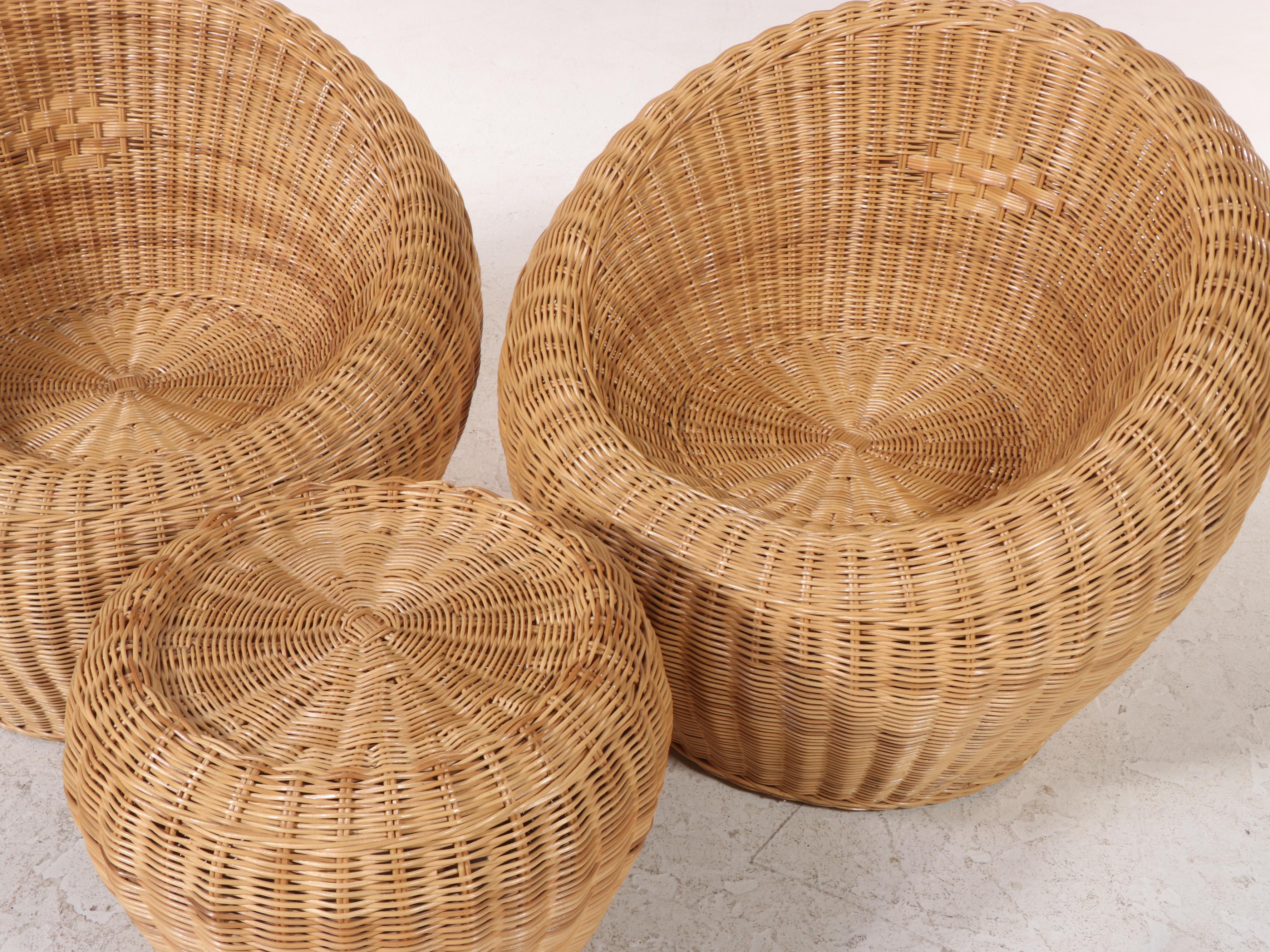 Two Wicker and Rattan Patio Lounge Chairs Plus Ottoman