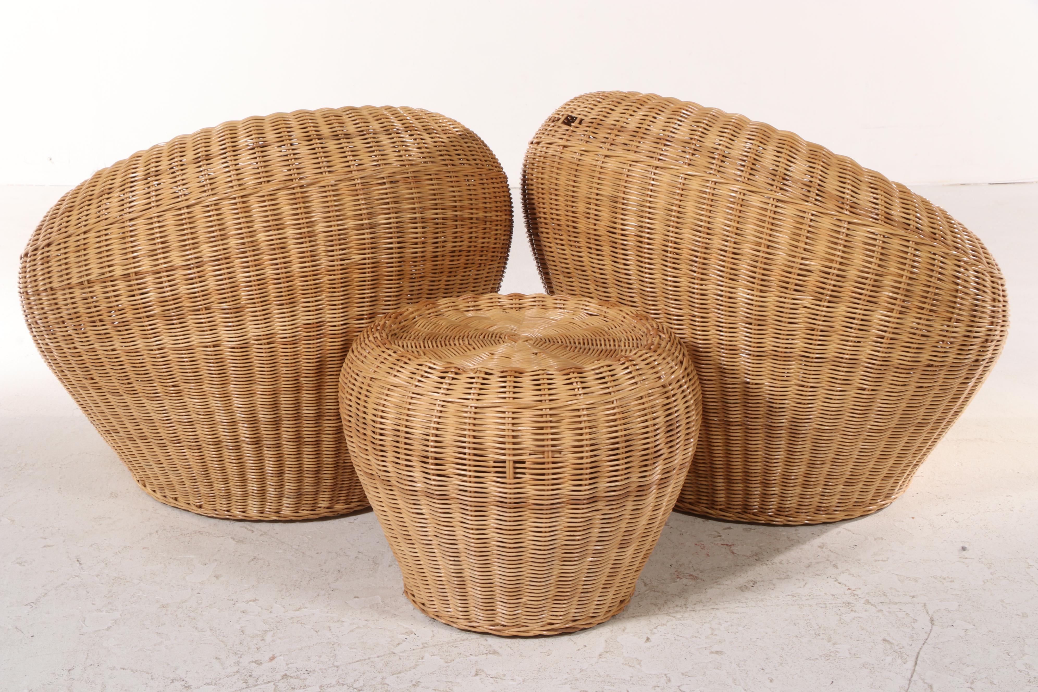 Two Wicker and Rattan Patio Lounge Chairs Plus Ottoman