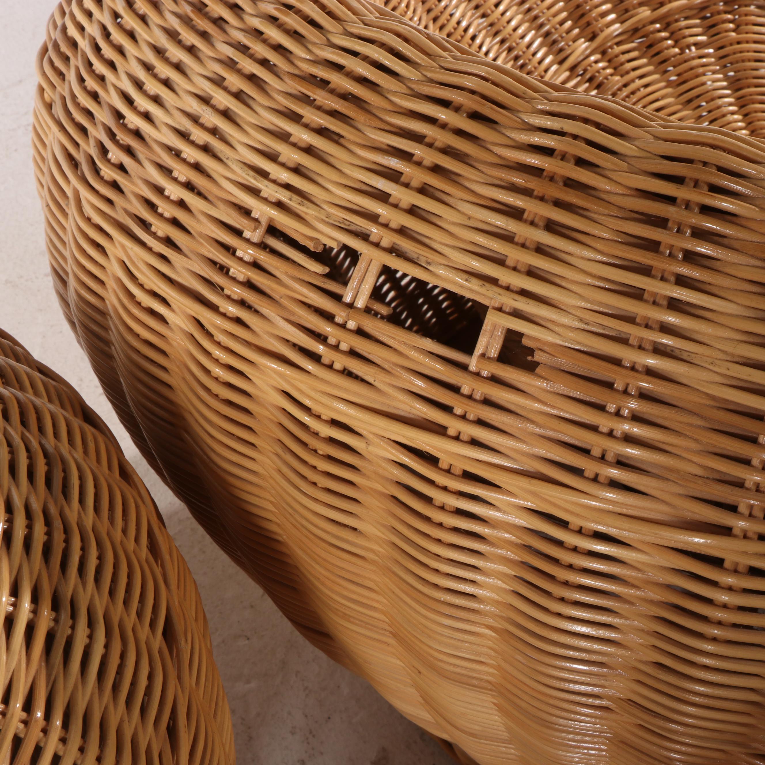 Two Wicker and Rattan Patio Lounge Chairs Plus Ottoman