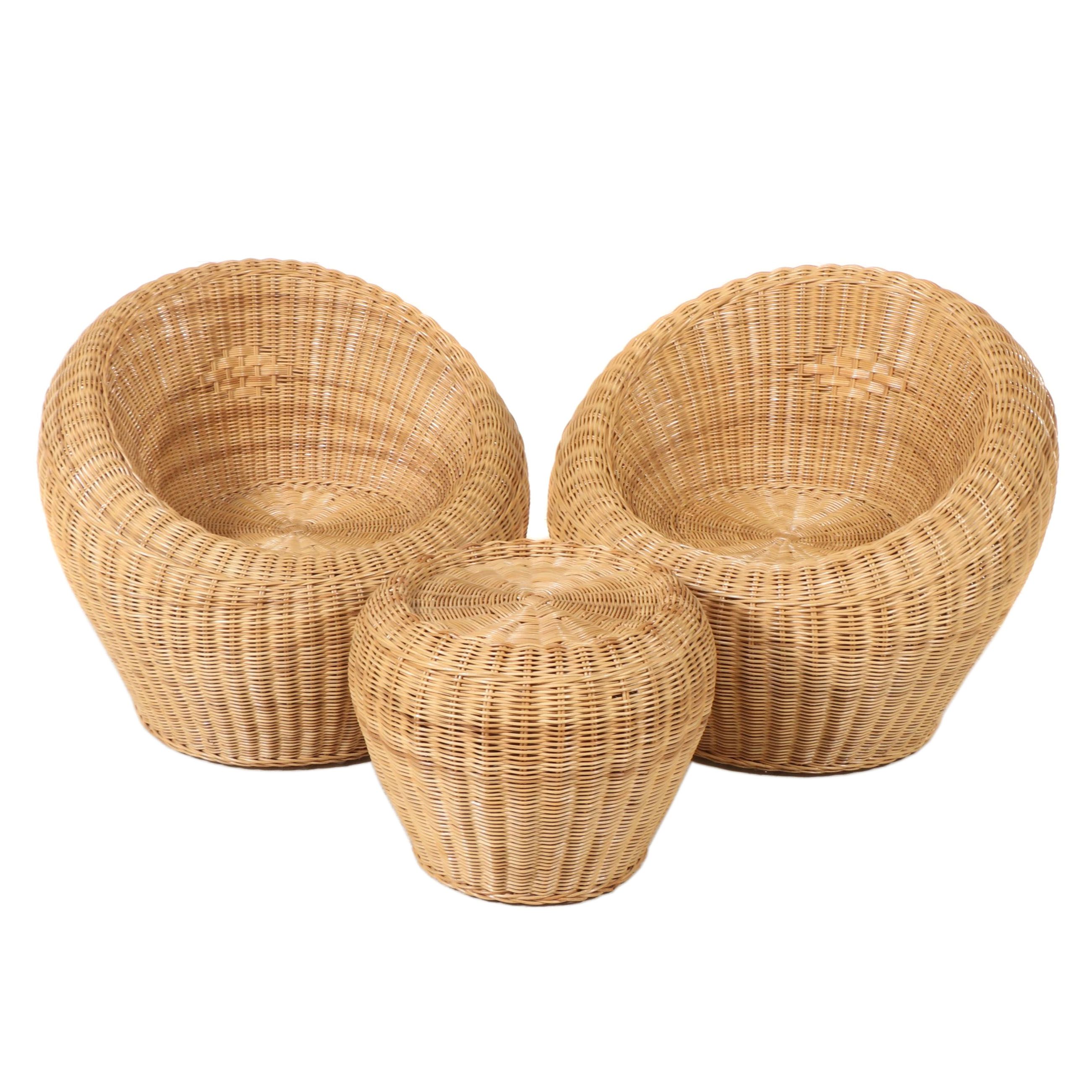 Two Wicker and Rattan Patio Lounge Chairs Plus Ottoman