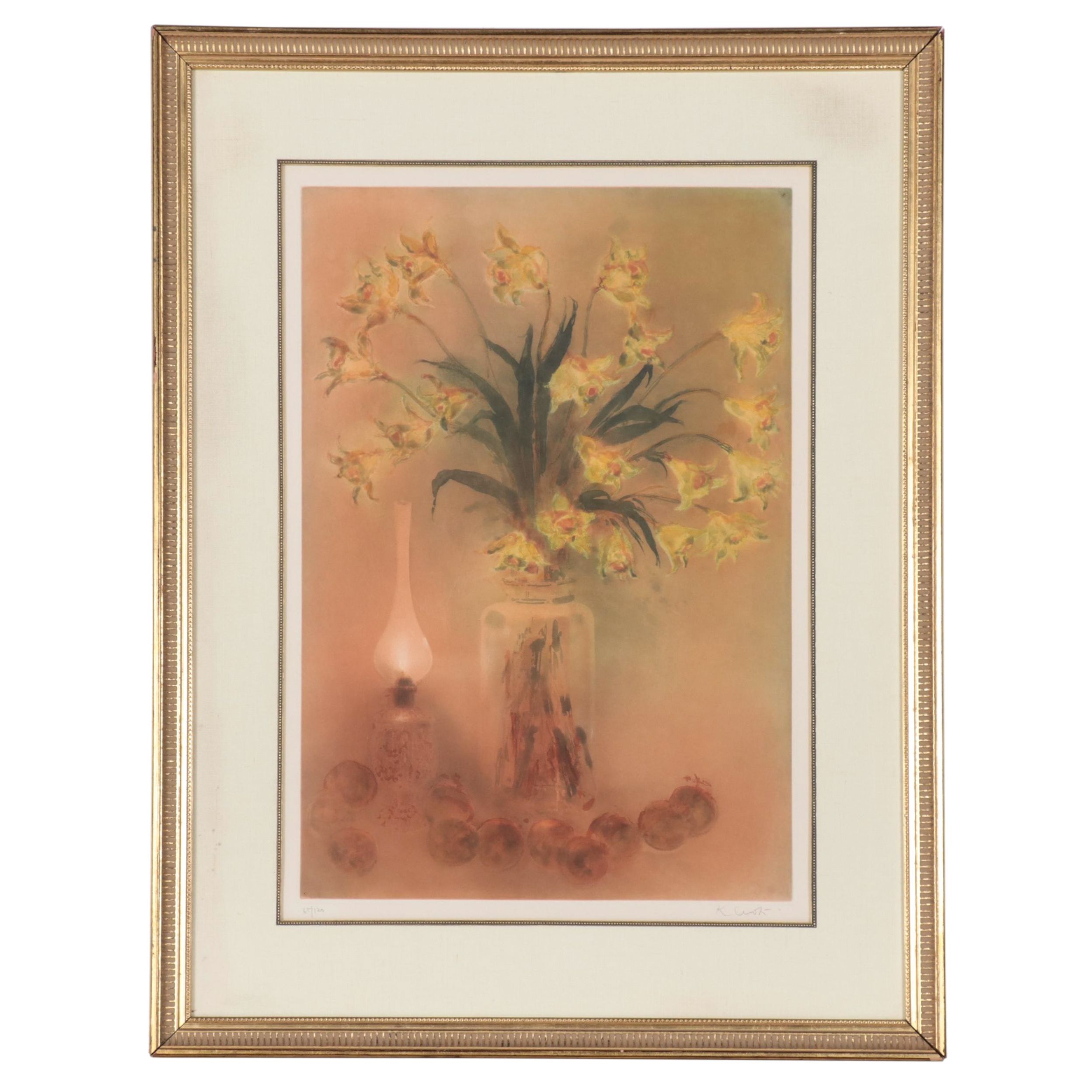 Kaiko Moti Floral Still Life Engraving "Les Jonquilles," Circa 1970